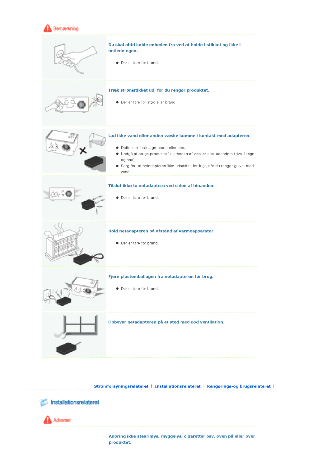 Samsung SPP310MEMX/EDC Træk strømstikket ud, før du rengør produktet, Tilslut ikke to netadaptere ved siden af hinanden 