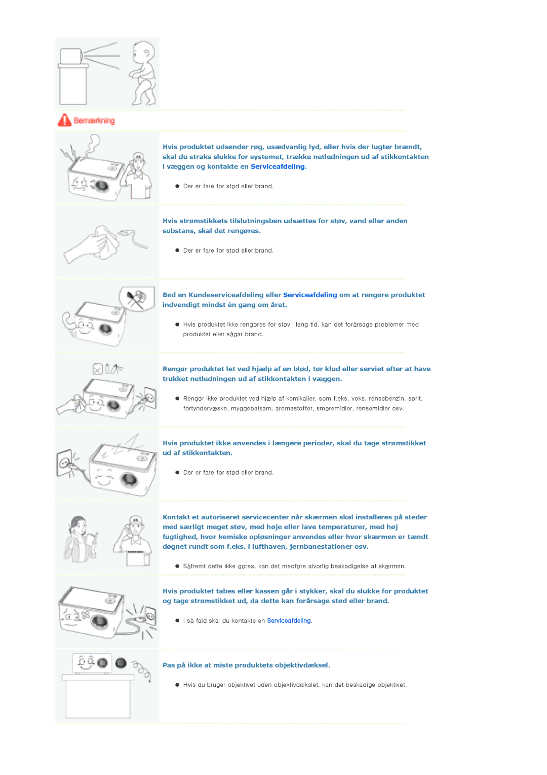 Samsung SPP310MEMX/EDC manual Pas på ikke at miste produktets objektivdæksel 