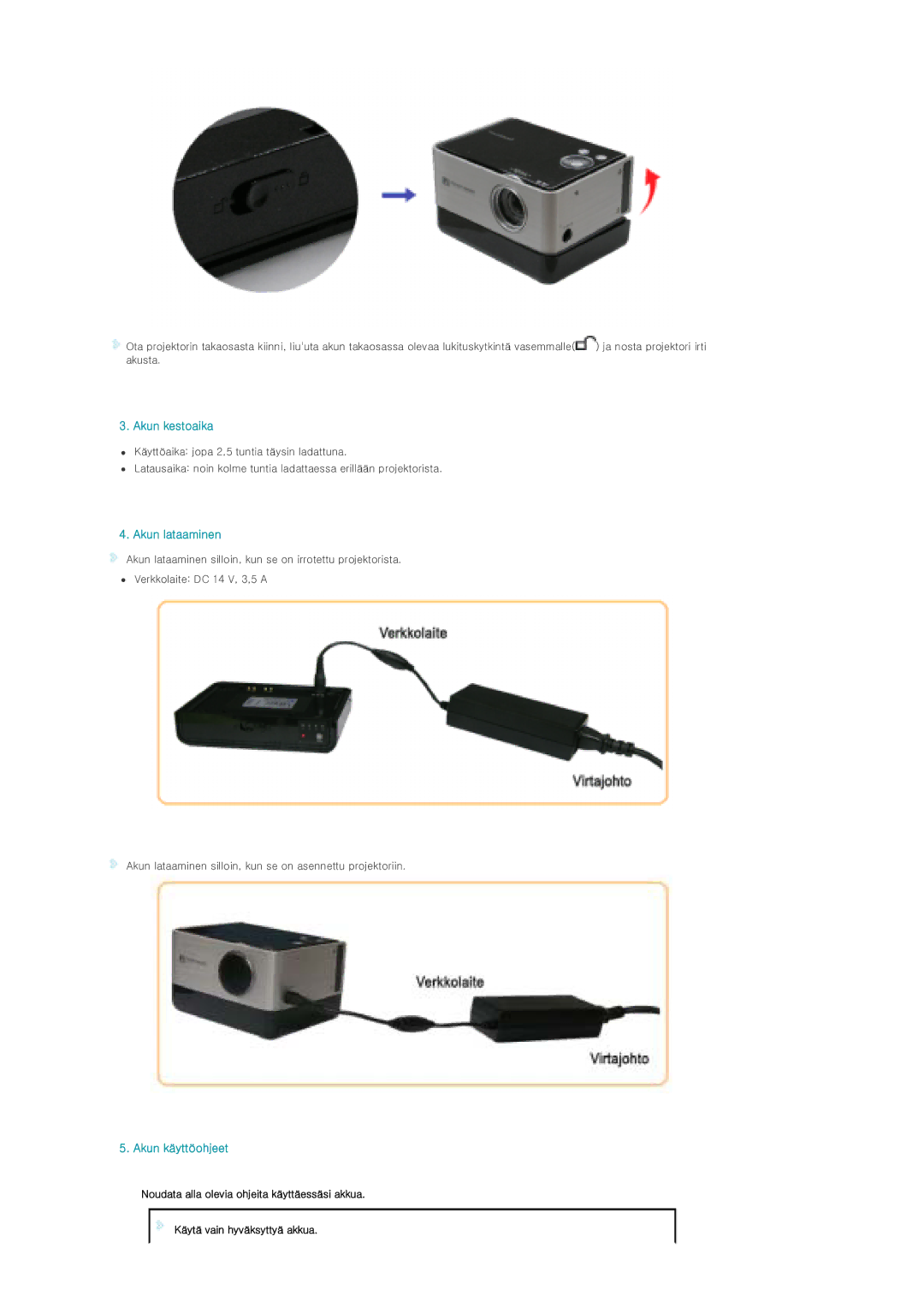 Samsung SPP310MEMX/EDC manual Akun kestoaika, Akun lataaminen, Akun käyttöohjeet 