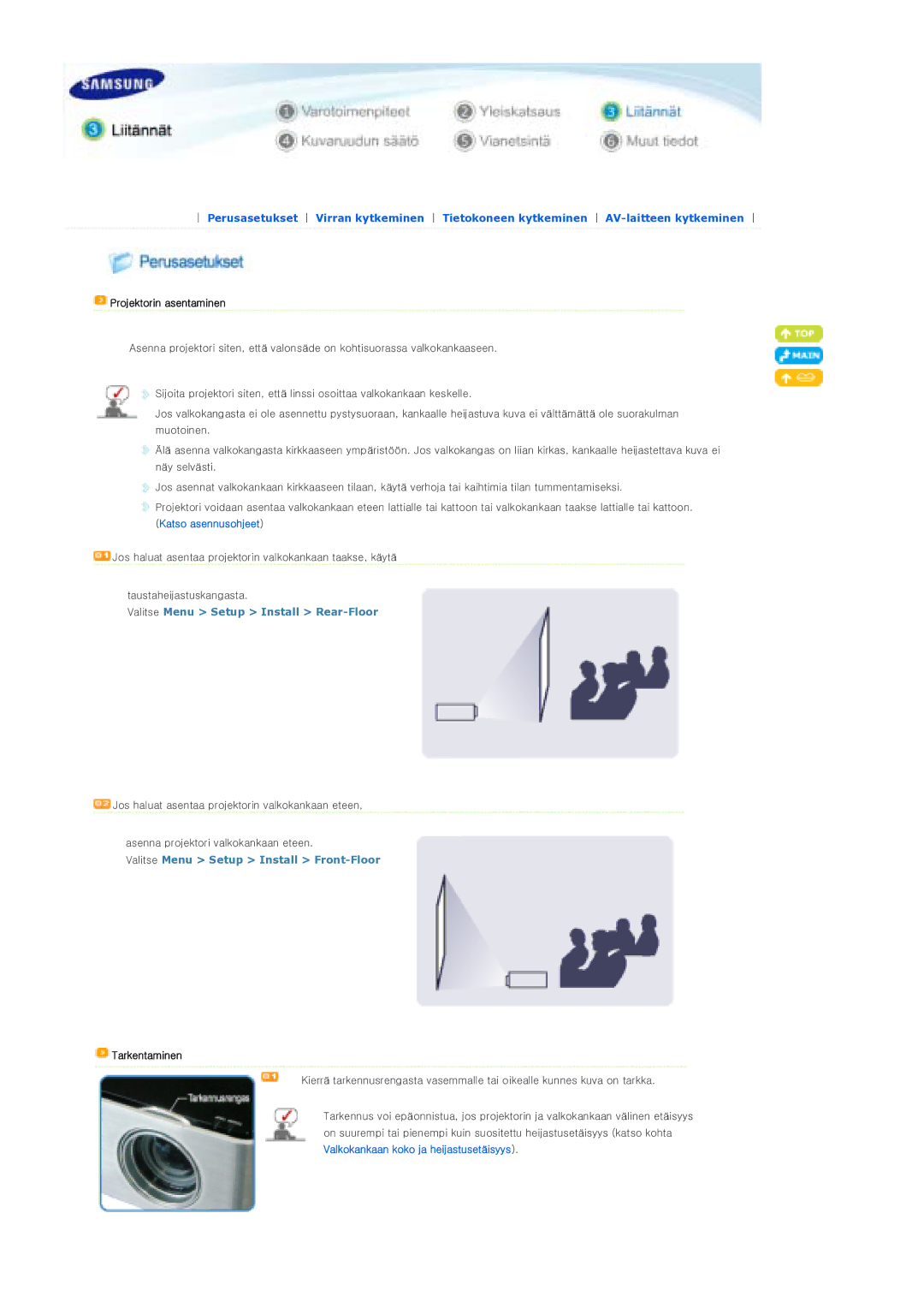 Samsung SPP310MEMX/EDC manual Projektorin asentaminen, Valitse Menu Setup Install Rear-Floor, Tarkentaminen 