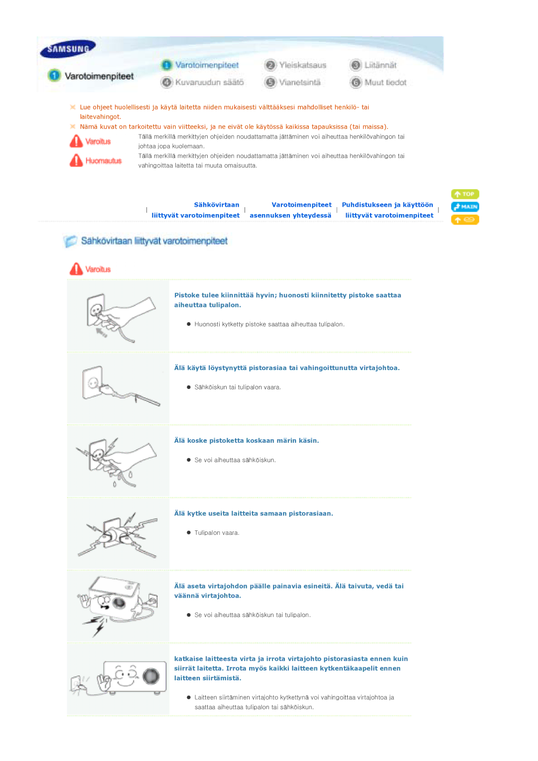 Samsung SPP310MEMX/EDC manual Älä koske pistoketta koskaan märin käsin, Älä kytke useita laitteita samaan pistorasiaan 