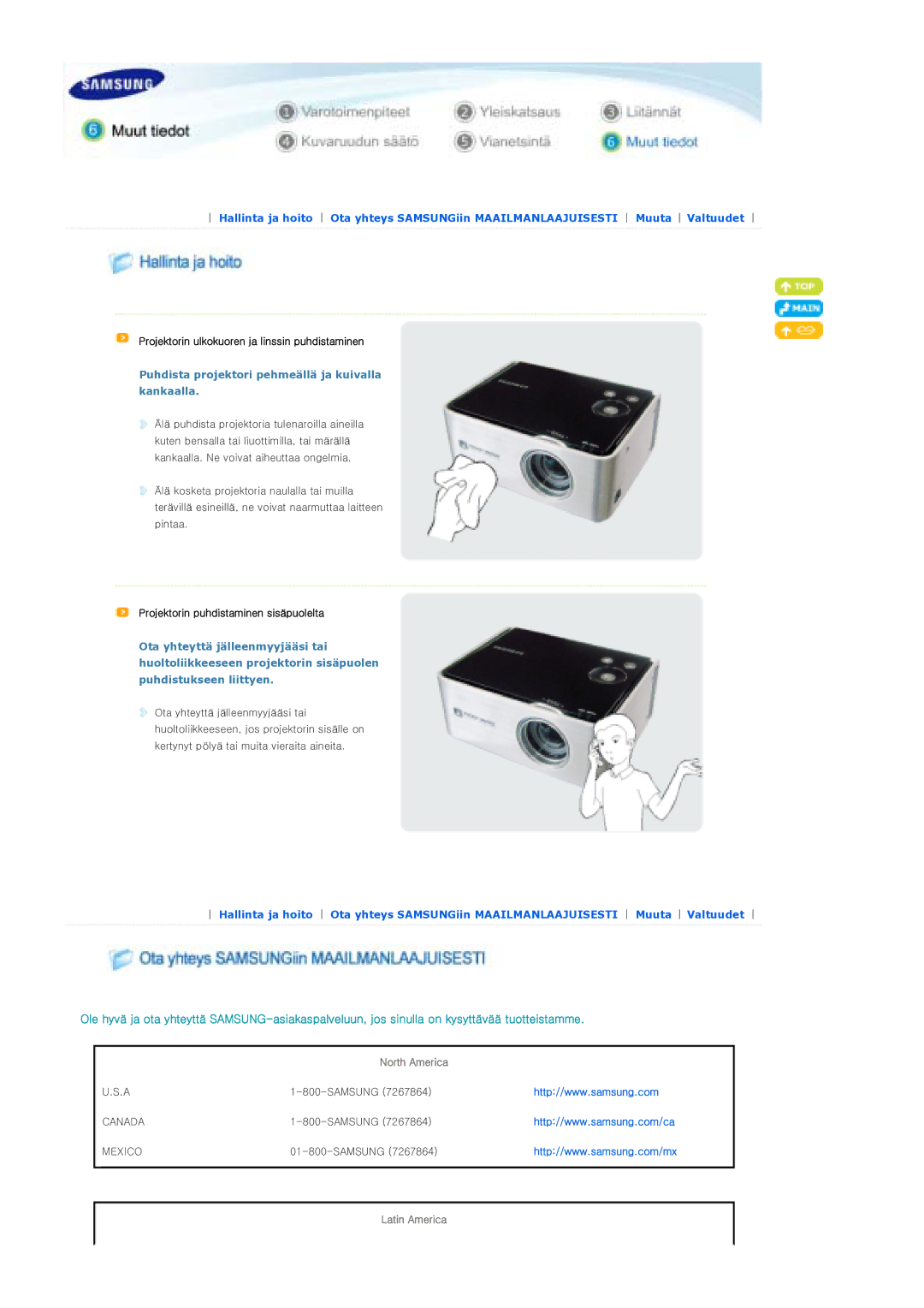 Samsung SPP310MEMX/EDC manual Projektorin ulkokuoren ja linssin puhdistaminen, Projektorin puhdistaminen sisäpuolelta 