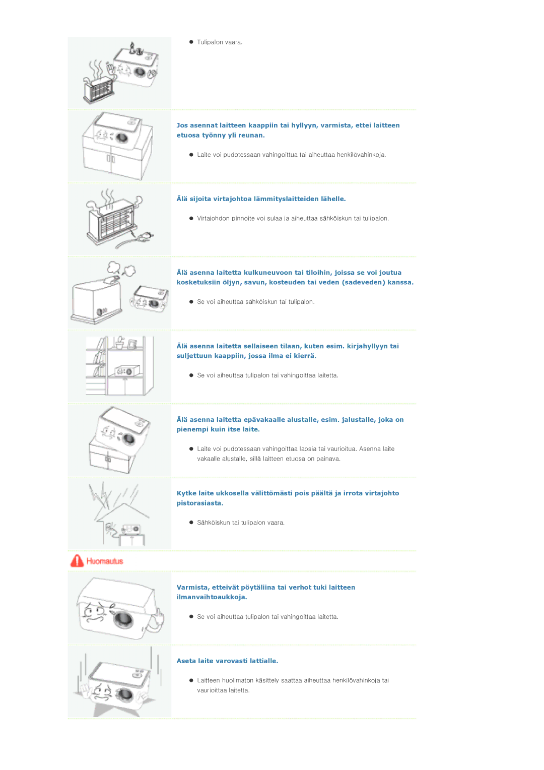 Samsung SPP310MEMX/EDC manual Älä sijoita virtajohtoa lämmityslaitteiden lähelle, Aseta laite varovasti lattialle 