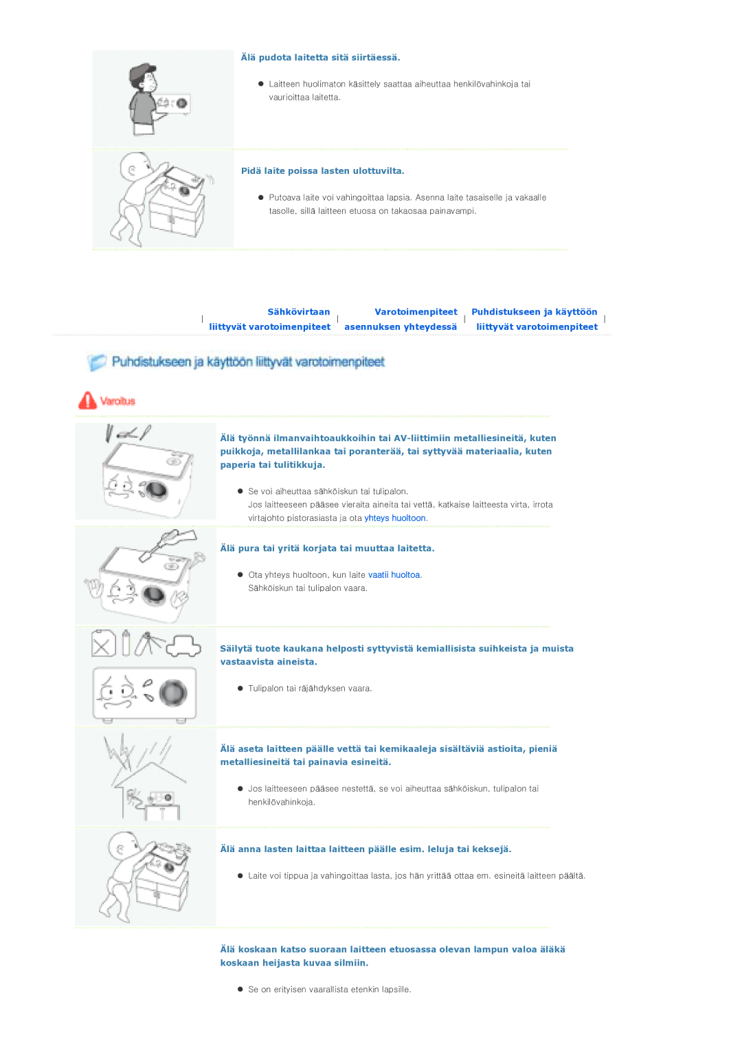 Samsung SPP310MEMX/EDC manual Älä pudota laitetta sitä siirtäessä, Pidä laite poissa lasten ulottuvilta 