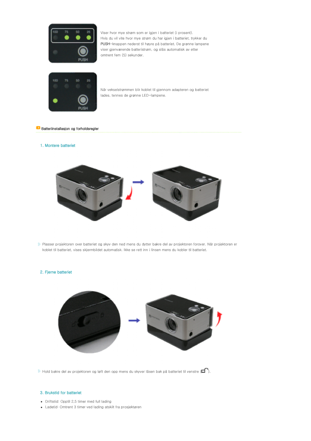 Samsung SPP310MEMX/EDC Montere batteriet, Fjerne batteriet, Brukstid for batteriet, Batteriinstallasjon og forholdsregler 