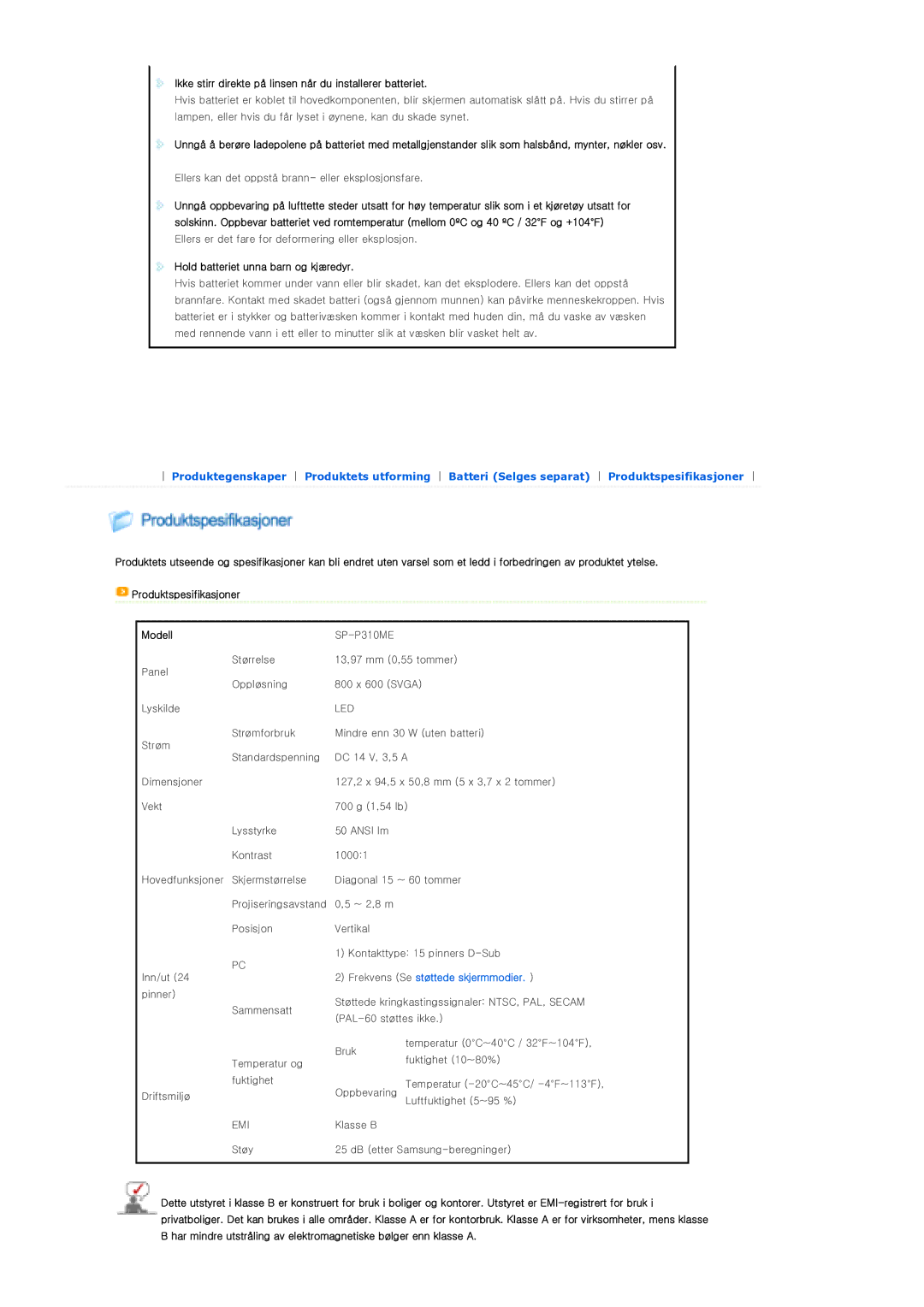 Samsung SPP310MEMX/EDC Ikke stirr direkte på linsen når du installerer batteriet, Hold batteriet unna barn og kjæredyr 