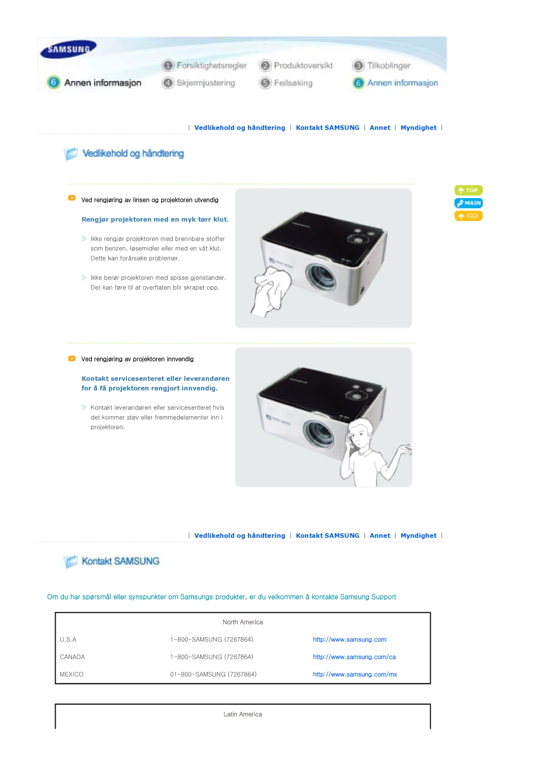 Samsung SPP310MEMX/EDC manual Rengjør projektoren med en myk tørr klut, North America, Latin America 