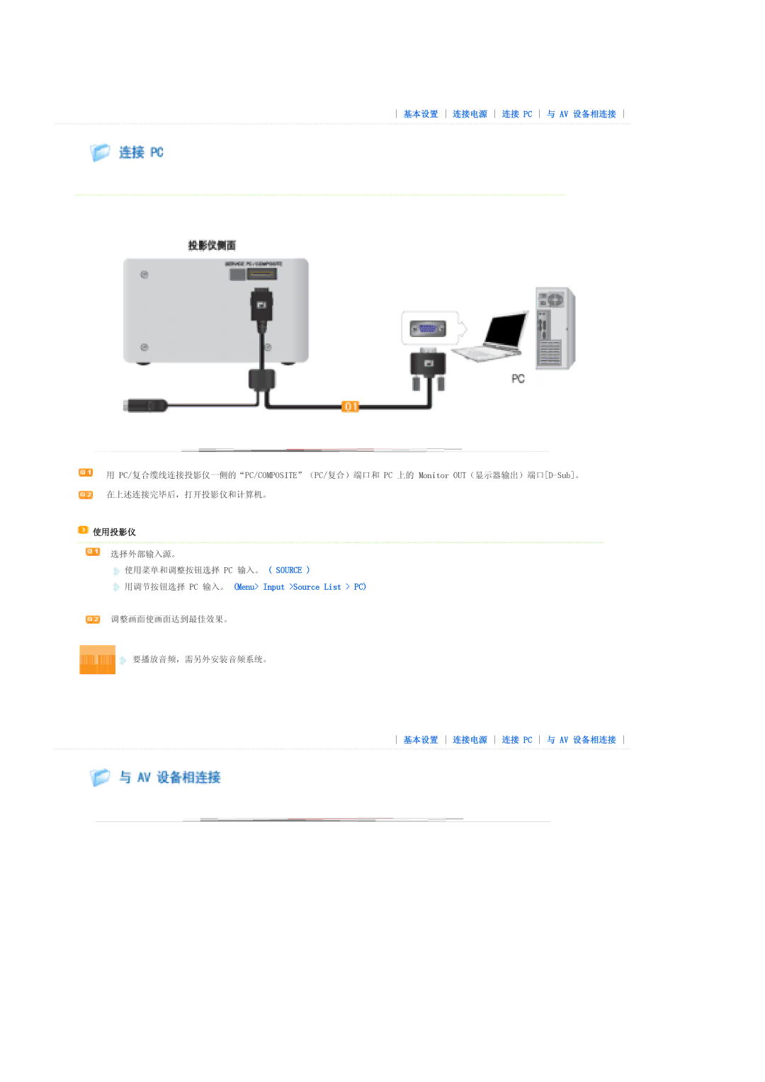 Samsung SPP310MEMX/EDC manual 用调节按钮选择 PC 输入。 Menu Input Source List PC 