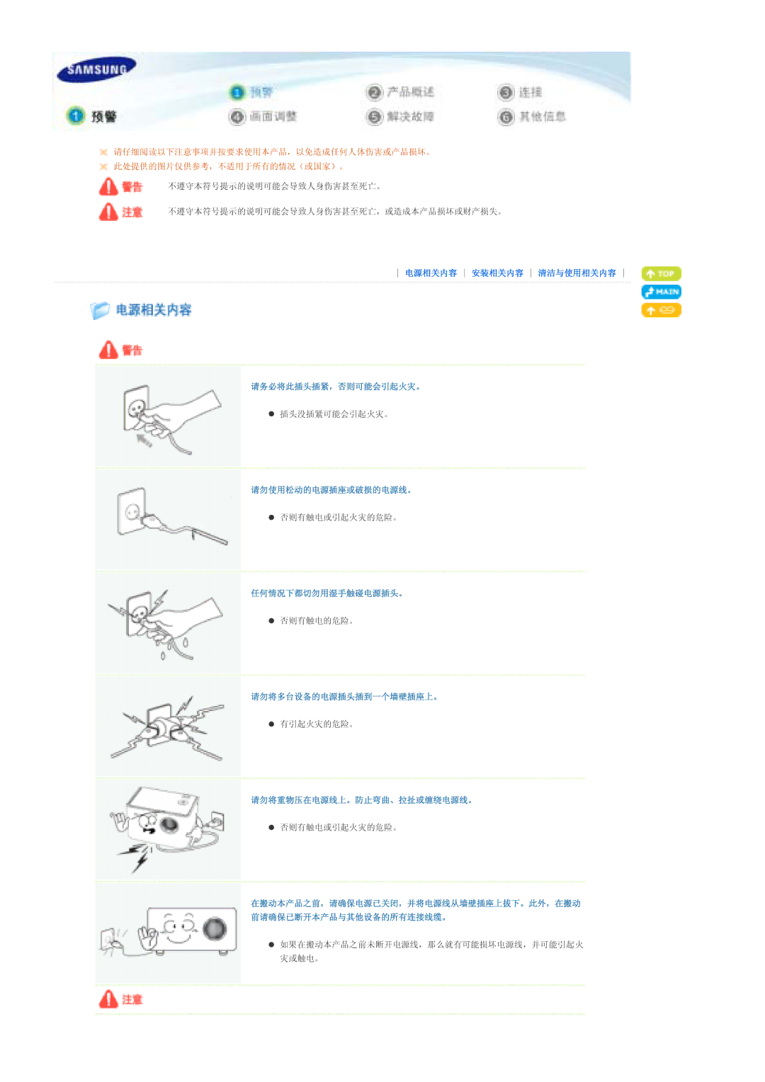 Samsung SPP310MEMX/EDC manual 请务必将此插头插紧，否则可能会引起火灾。, 请勿使用松动的电源插座或破损的电源线。, 任何情况下都切勿用湿手触碰电源插头。, 请勿将多台设备的电源插头插到一个墙壁插座上。 