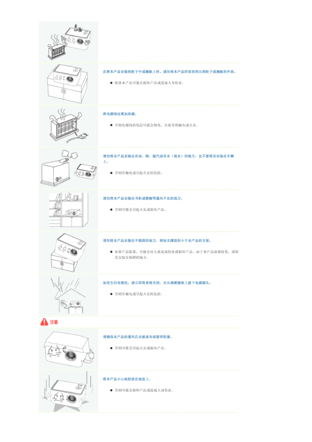 Samsung SPP310MEMX/EDC 在将本产品安装到柜子中或搁板上时，请勿将本产品的前部突出到柜子或搁板的外面。, 将电源线远离加热器。, 请勿将本产品安装在书柜或壁橱等通风不良的地方。, 请确保本产品的通风孔未被桌布或窗帘阻塞。 