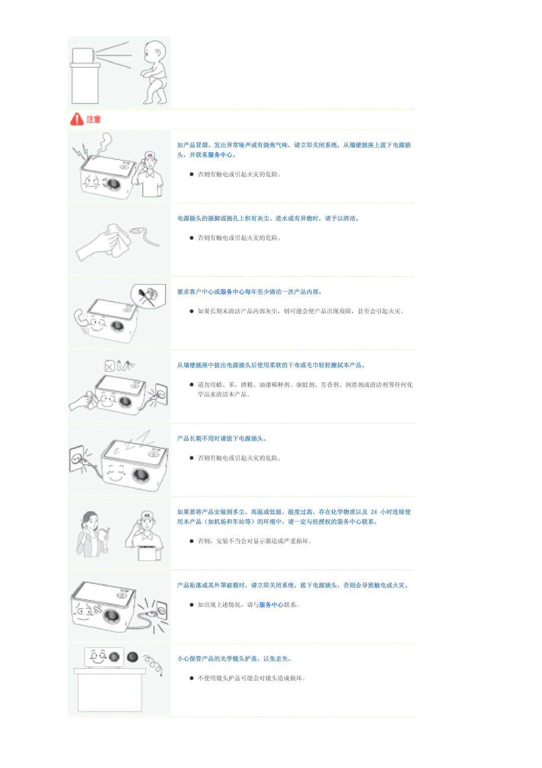 Samsung SPP310MEMX/EDC manual 电源插头的插脚或插孔上积有灰尘、进水或有异物时，请予以清洁。, 要求客户中心或服务中心每年至少清洁一次产品内部。, 从墙壁插座中拔出电源插头后使用柔软的干布或毛巾轻轻擦拭本产品。 