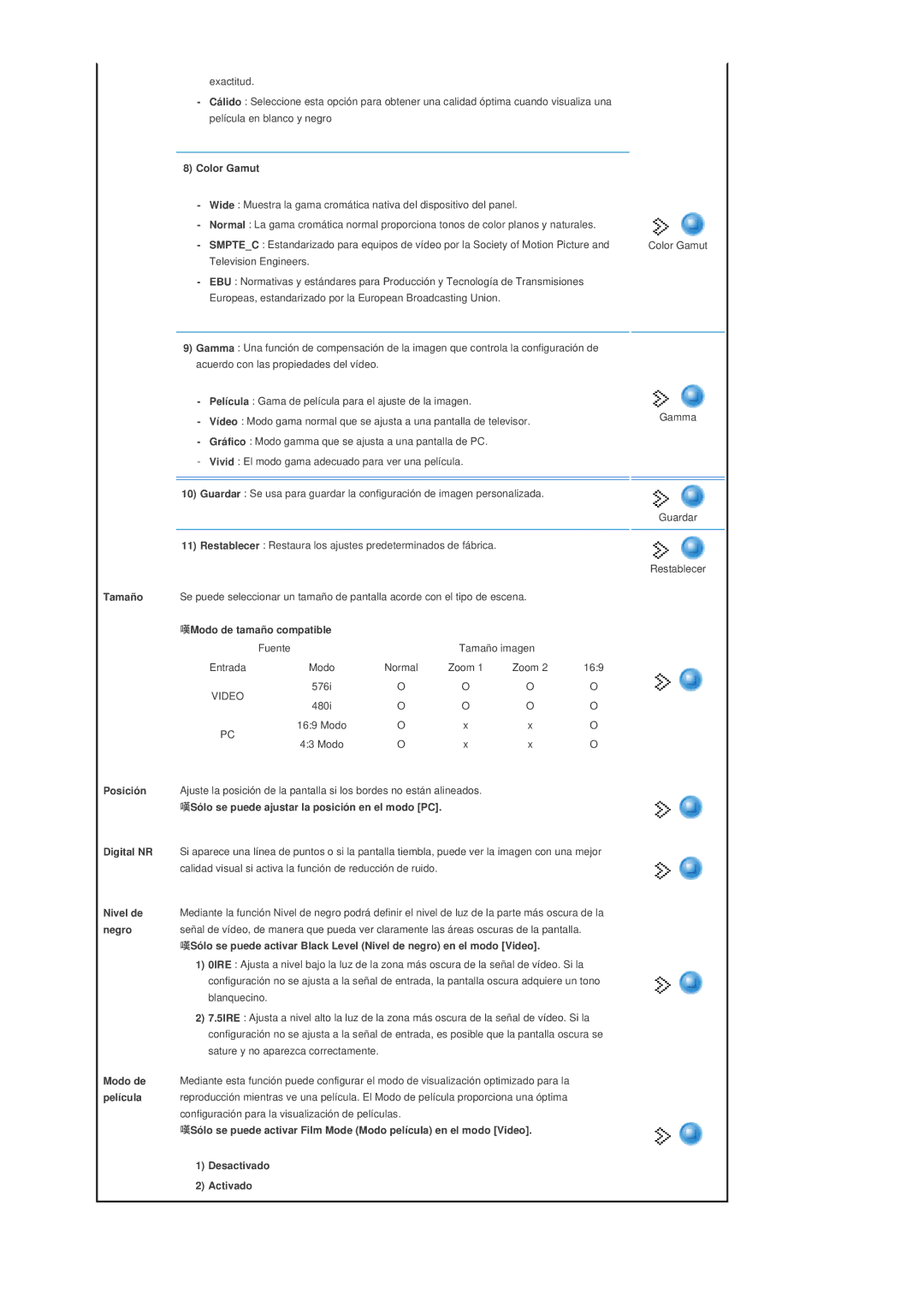 Samsung SPP400BEX/EN Color Gamut, Tamaño, Posición, Sólo se puede ajustar la posición en el modo PC Digital NR, Nivel de 