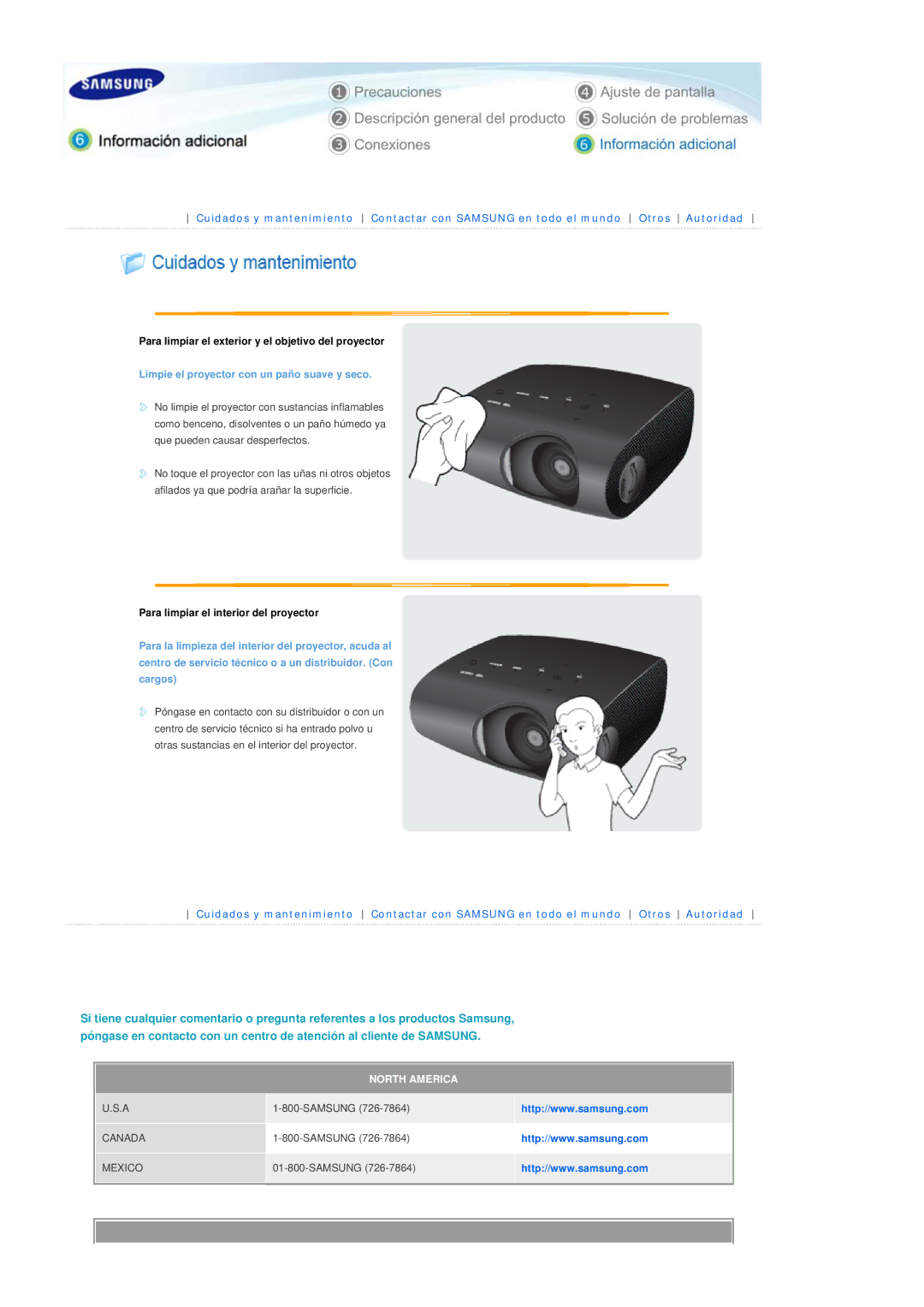 Samsung SPP400BEX/EN manual Para limpiar el exterior y el objetivo del proyector, Para limpiar el interior del proyector 