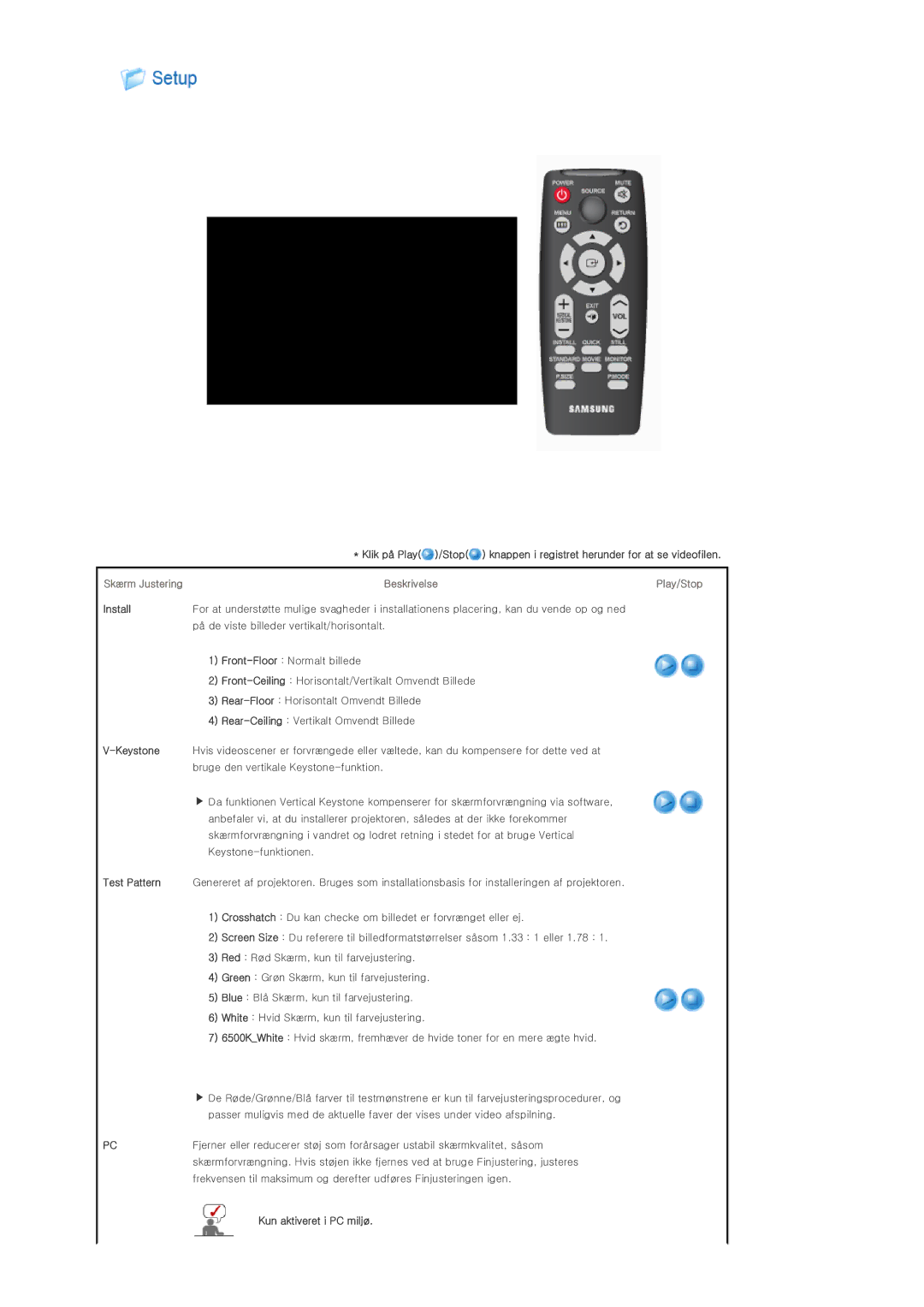 Samsung SPP400BX/EN manual Klik på Play /Stop, Keystone, Test Pattern, Kun aktiveret i PC miljø 