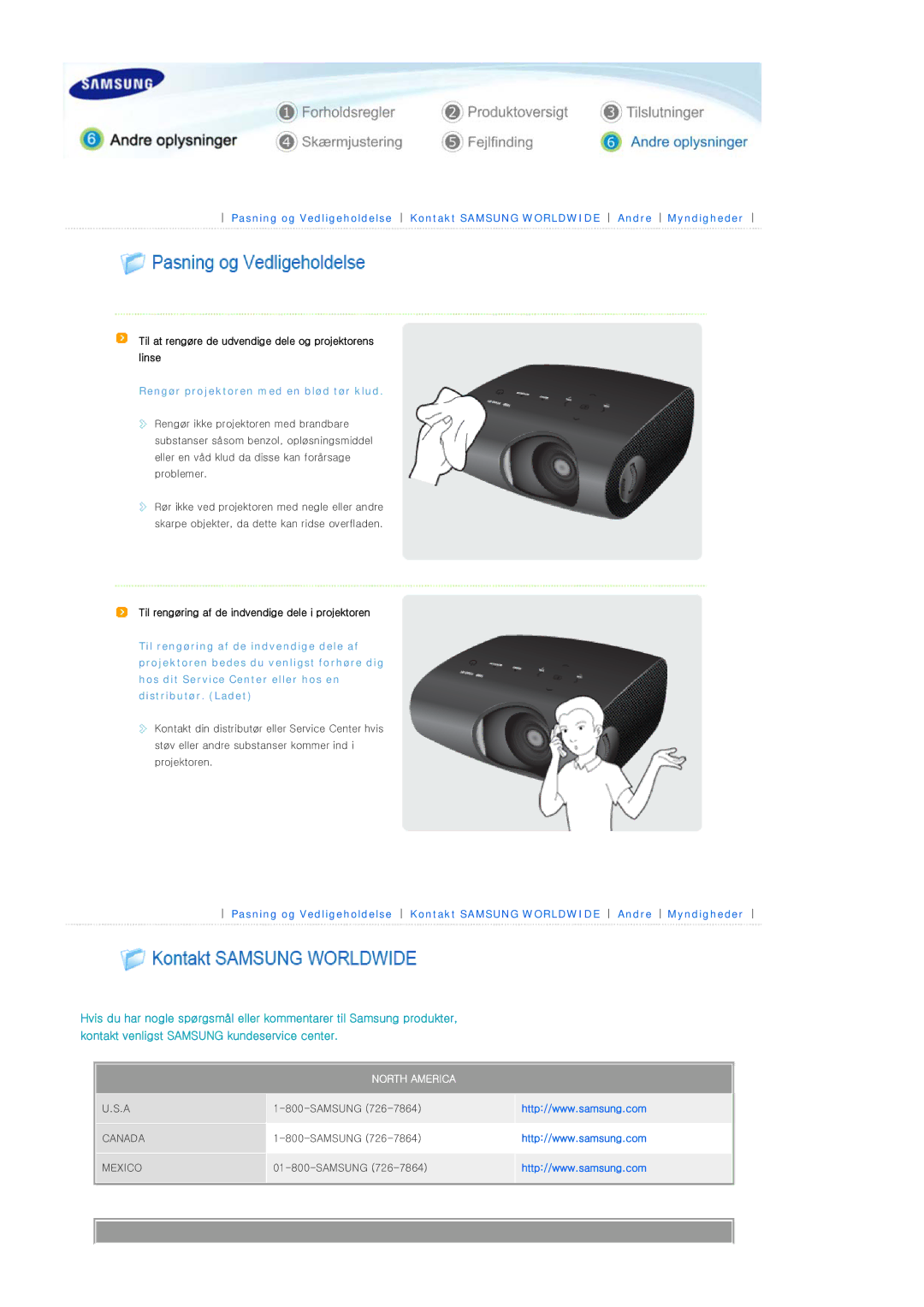 Samsung SPP400BX/EN manual Til at rengøre de udvendige dele og projektorens linse 