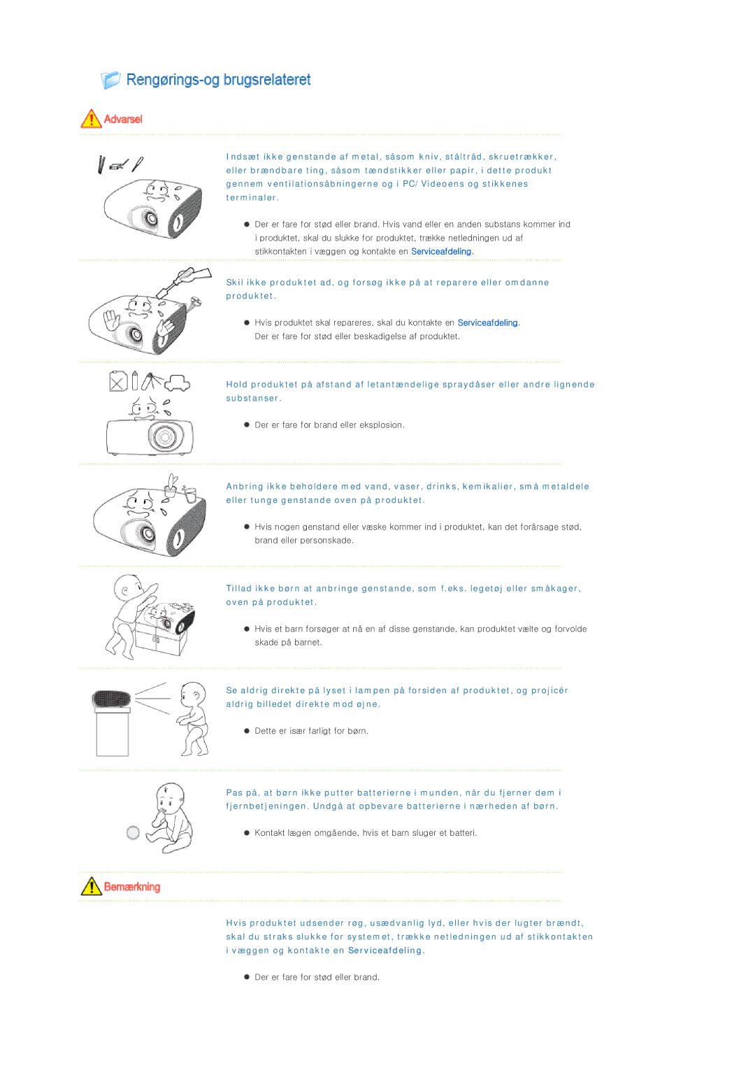 Samsung SPP400BX/EN manual Der er fare for brand eller eksplosion 