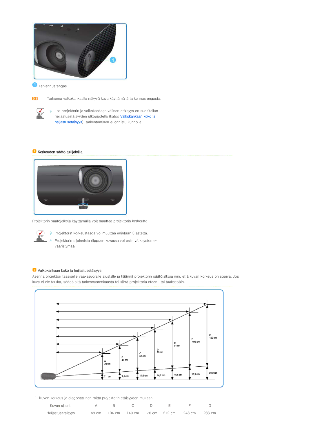 Samsung SPP400BX/EN manual Korkeuden säätö tukijaloilla, Valkokankaan koko ja heijastusetäisyys 