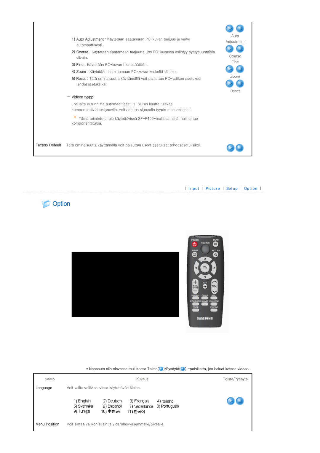 Samsung SPP400BX/EN manual → Videon tyyppi, Language Voit valita valikkokuvissa käytettävän kielen 