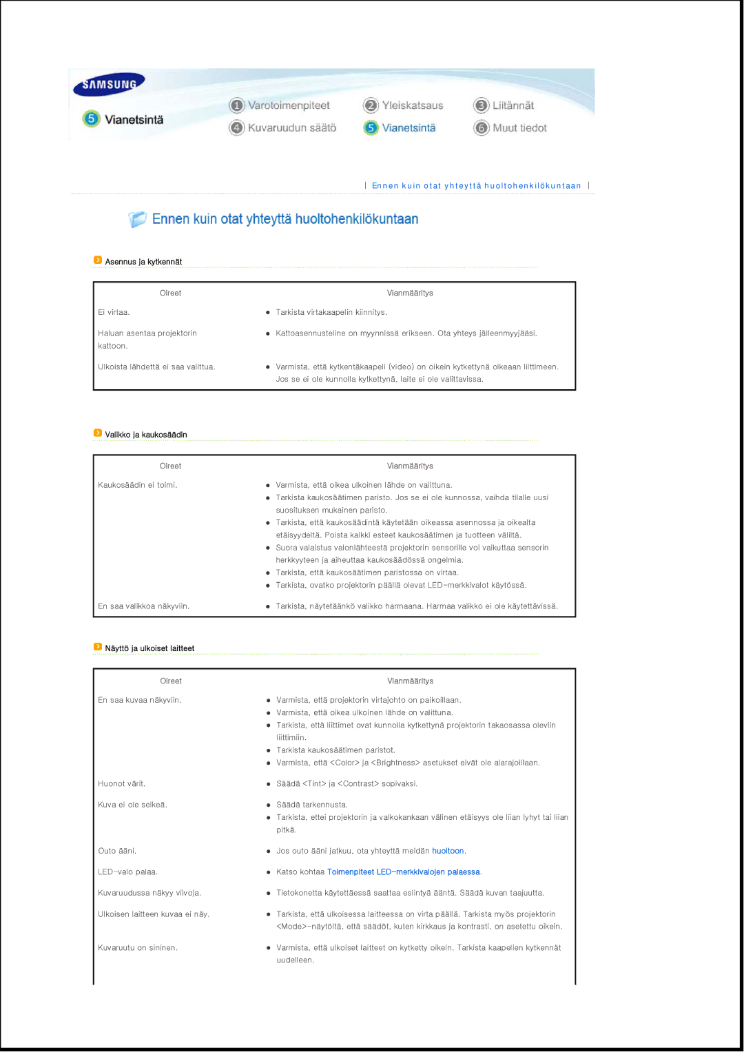 Samsung SPP400BX/EN manual Ennen kuin otat yhteyttä huoltohenkilökuntaan 