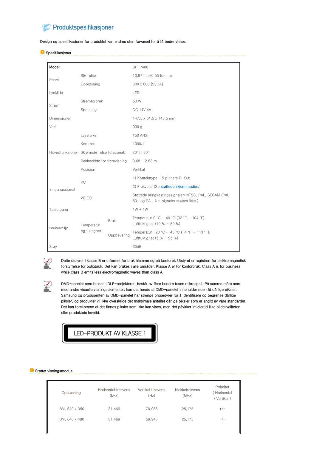 Samsung SPP400BX/EN manual Modell, Støttet visningsmodus 