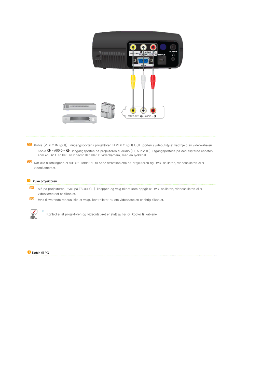 Samsung SPP400BX/EN manual Bruke projektoren, Koble til PC 