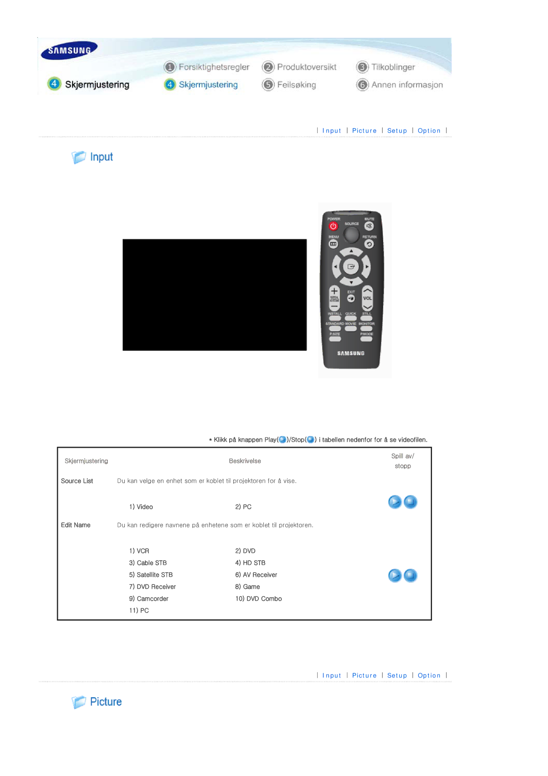 Samsung SPP400BX/EN manual Input Picture Setup Option, Cable STB 