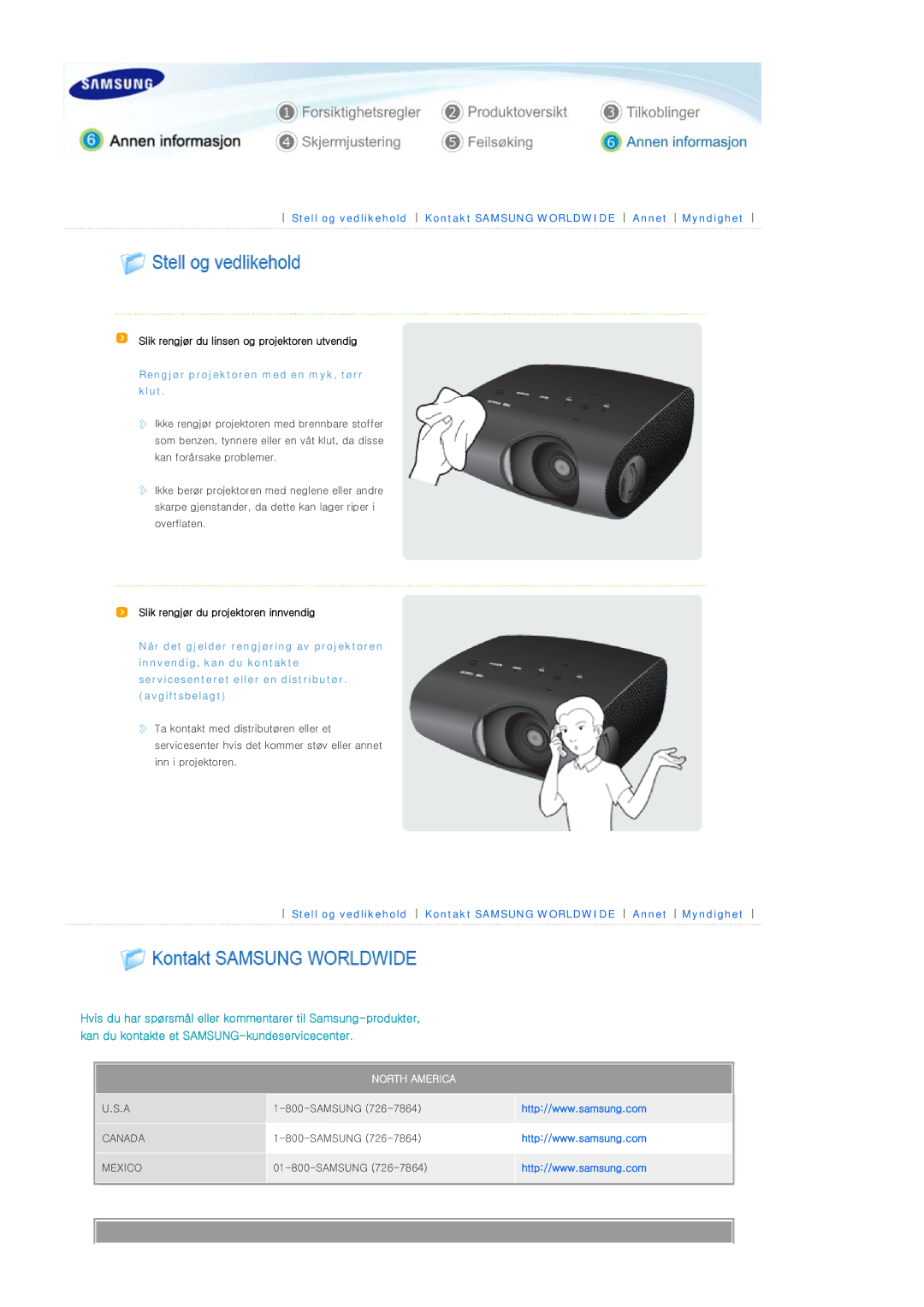 Samsung SPP400BX/EN manual Slik rengjør du linsen og projektoren utvendig, Slik rengjør du projektoren innvendig 