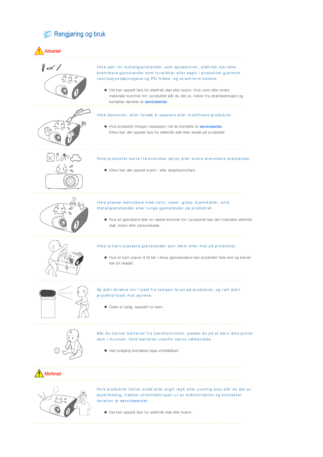 Samsung SPP400BX/EN manual Ellers kan det oppstå brann- eller eksplosjonsfare 