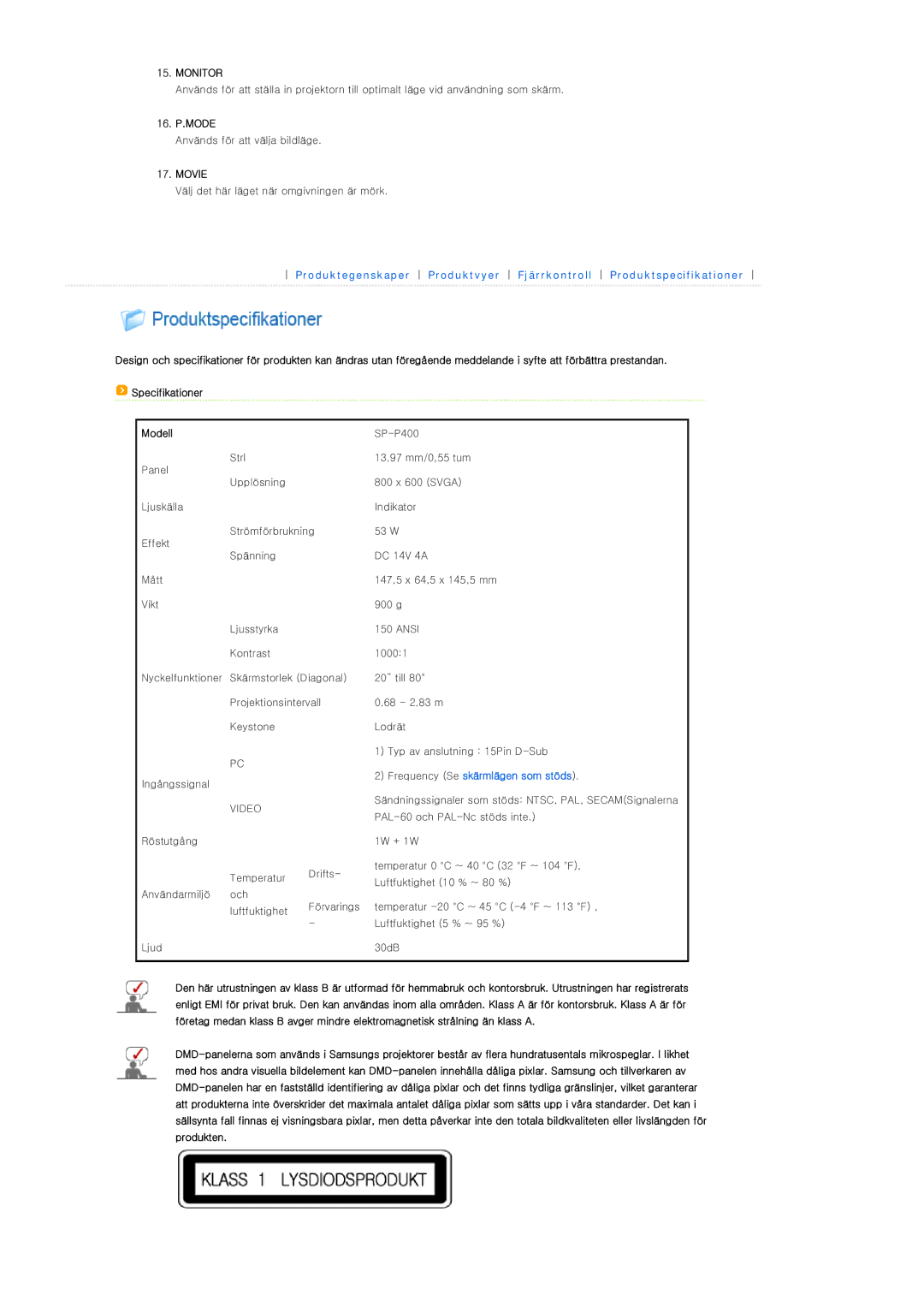 Samsung SPP400BX/EN manual 16. P.MODE, Modell 