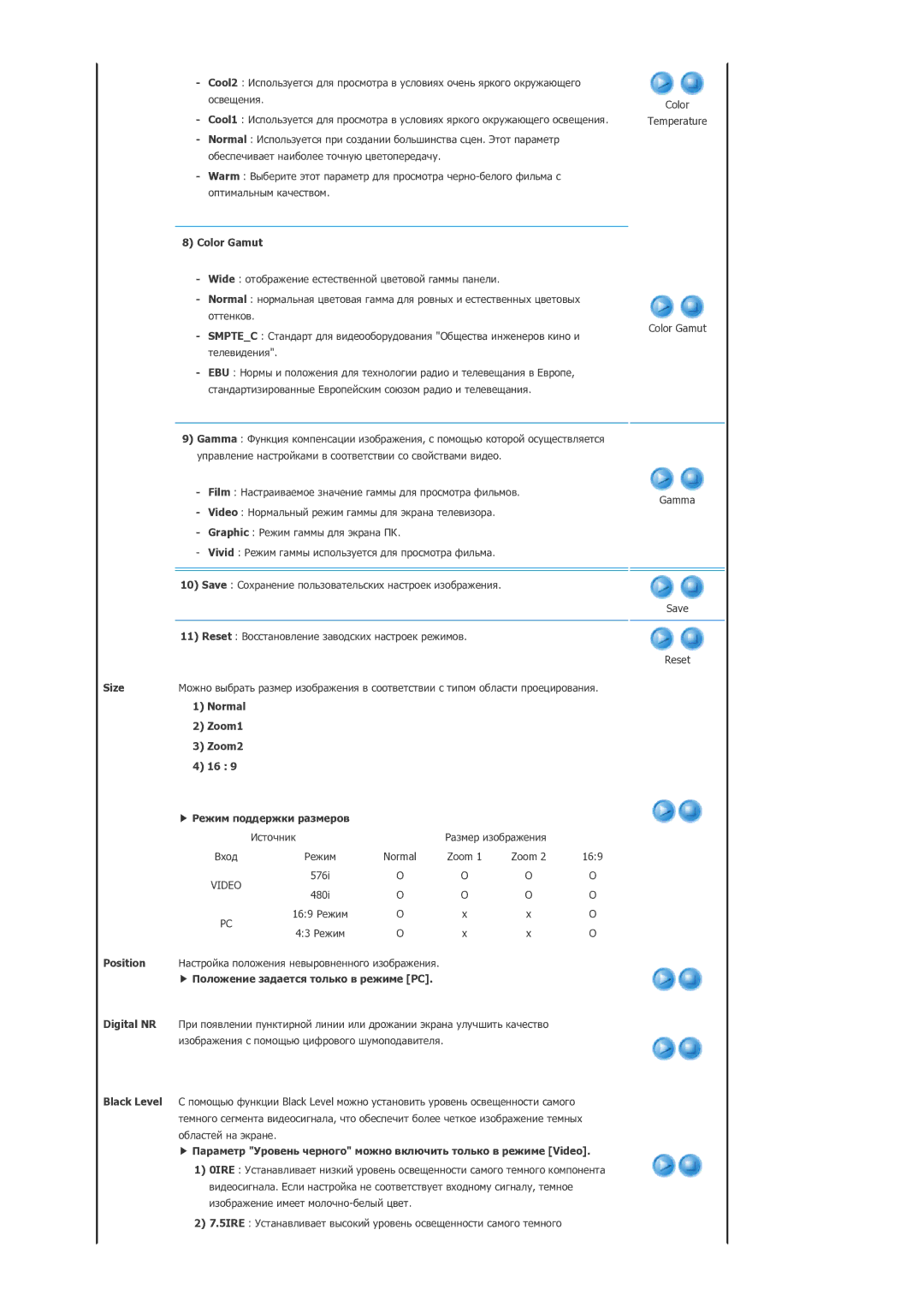 Samsung SPP400BX/EN manual Color Gamut, Size, Normal, Zoom1, Zoom2, Режим поддержки размеров, Position, Digital NR 