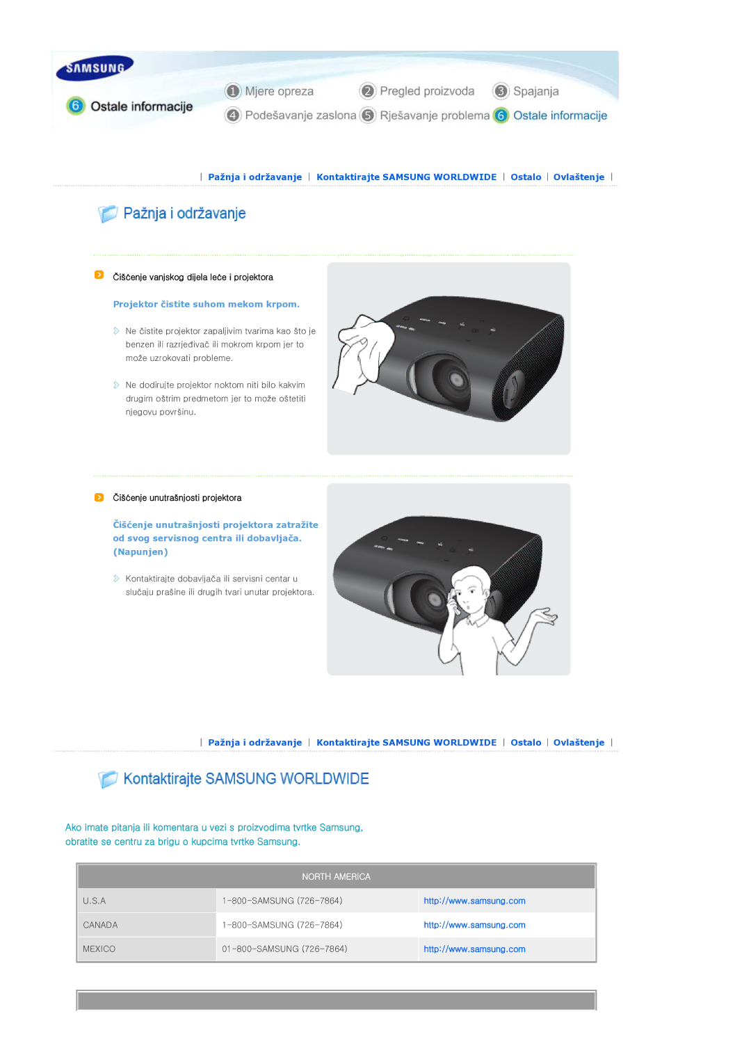 Samsung SPP400BX/EN manual Čišćenje vanjskog dijela leće i projektora, Čišćenje unutrašnjosti projektora 