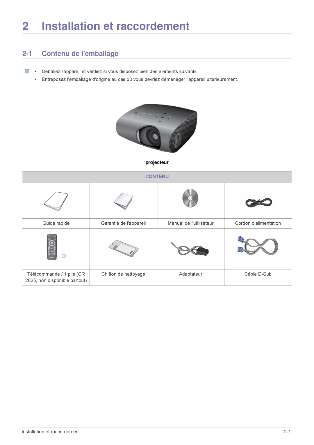 Samsung SPP410MX/EN, SPP410MEX/EN manual Installation et raccordement, Contenu de lemballage 