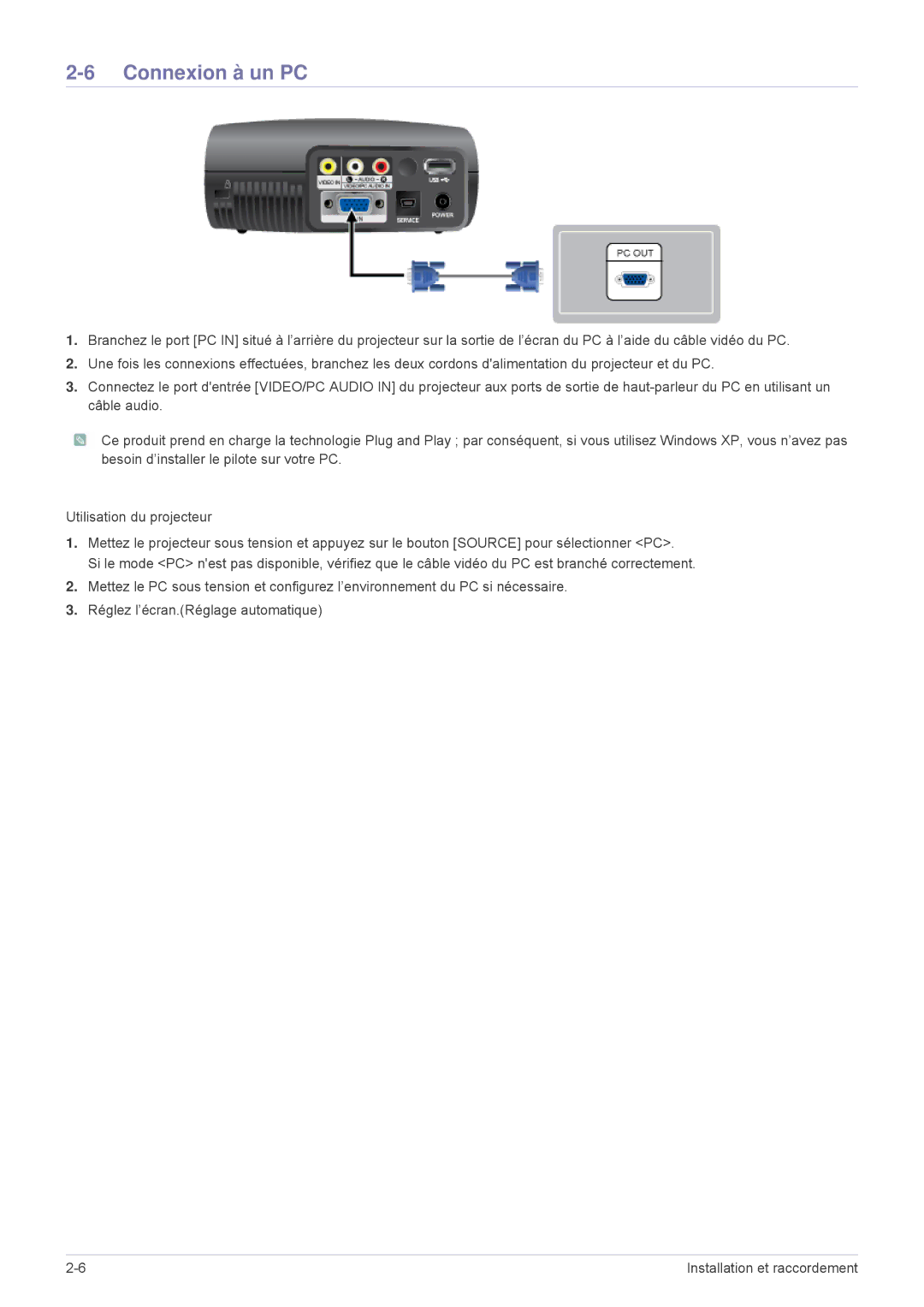 Samsung SPP410MEX/EN, SPP410MX/EN manual Connexion à un PC 