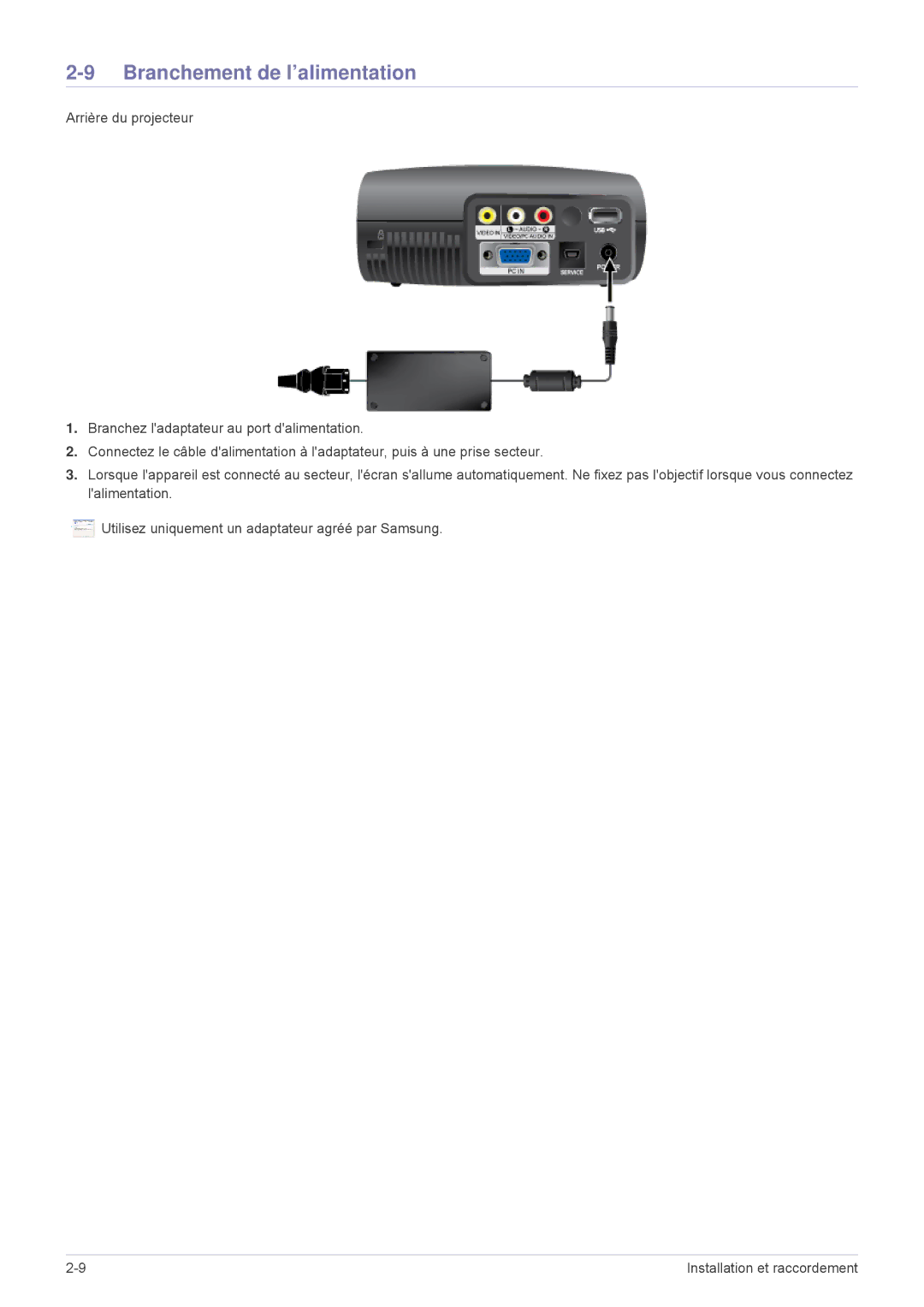 Samsung SPP410MEX/EN, SPP410MX/EN manual Branchement de l’alimentation 