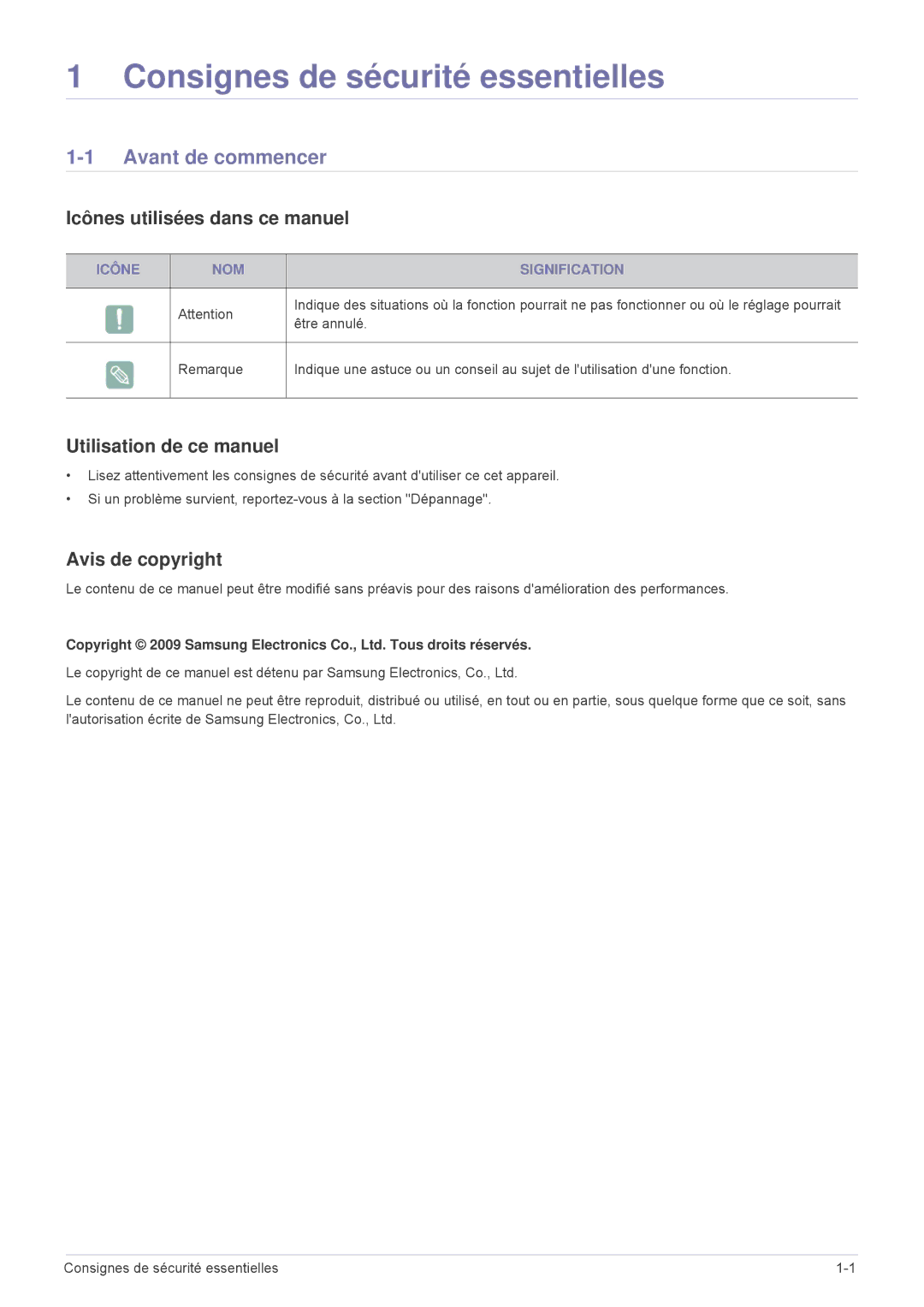 Samsung SPP410MX/EN, SPP410MEX/EN Consignes de sécurité essentielles, Avant de commencer, Icônes utilisées dans ce manuel 