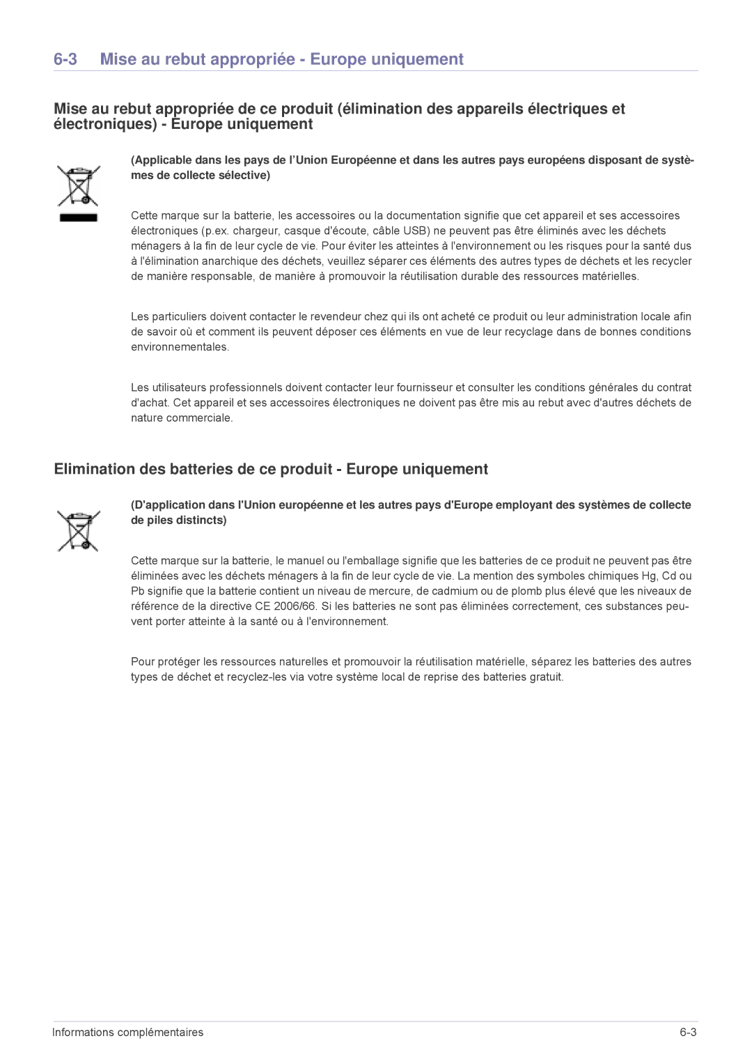 Samsung SPP410MEX/EN Mise au rebut appropriée Europe uniquement, Elimination des batteries de ce produit Europe uniquement 