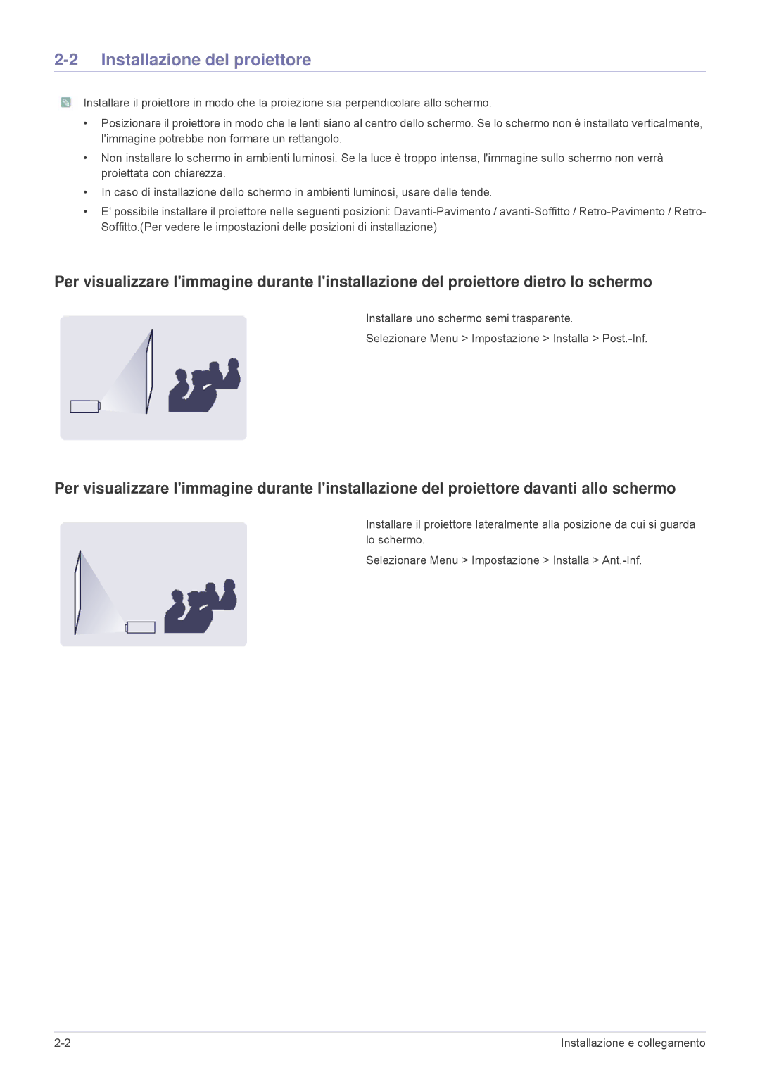 Samsung SPP410MEX/EN, SPP410MX/EN manual Installazione del proiettore 