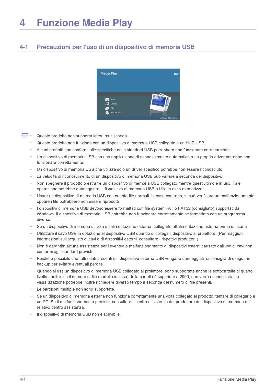 Samsung SPP410MEX/EN, SPP410MX/EN manual Funzione Media Play, Precauzioni per luso di un dispositivo di memoria USB 