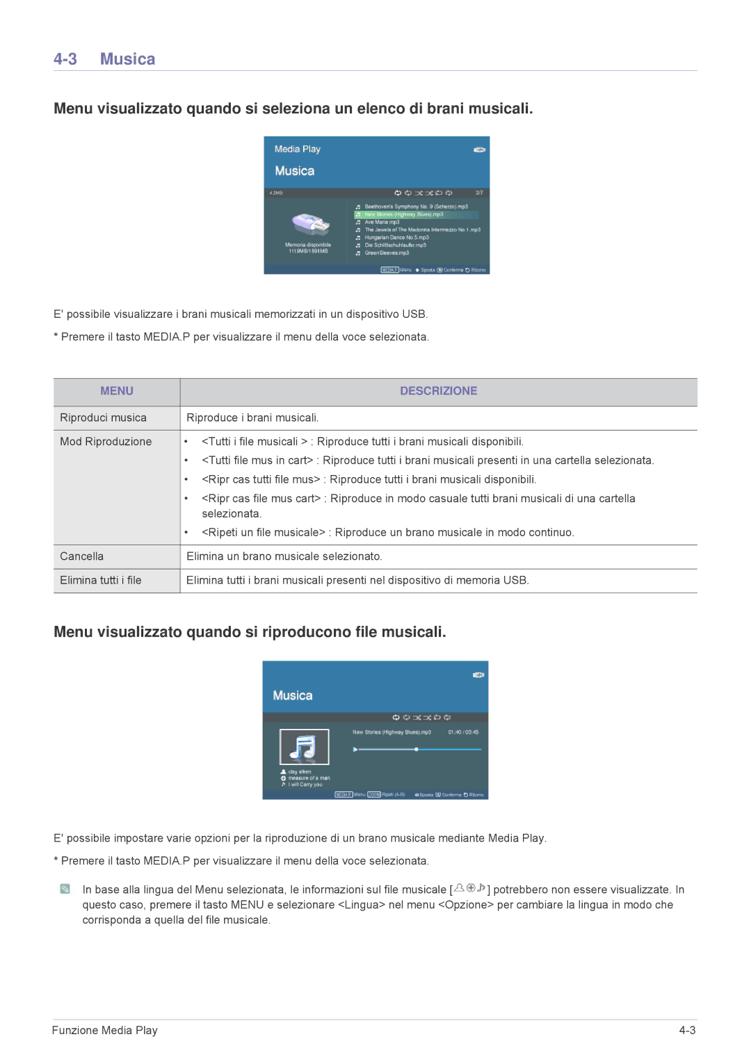 Samsung SPP410MX/EN, SPP410MEX/EN manual Musica, Menu visualizzato quando si riproducono file musicali 