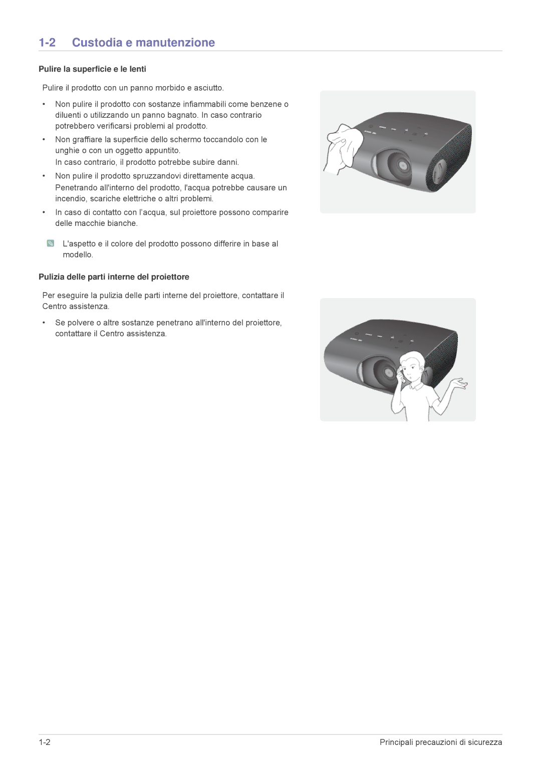 Samsung SPP410MEX/EN, SPP410MX/EN manual Custodia e manutenzione, Pulire la superficie e le lenti 