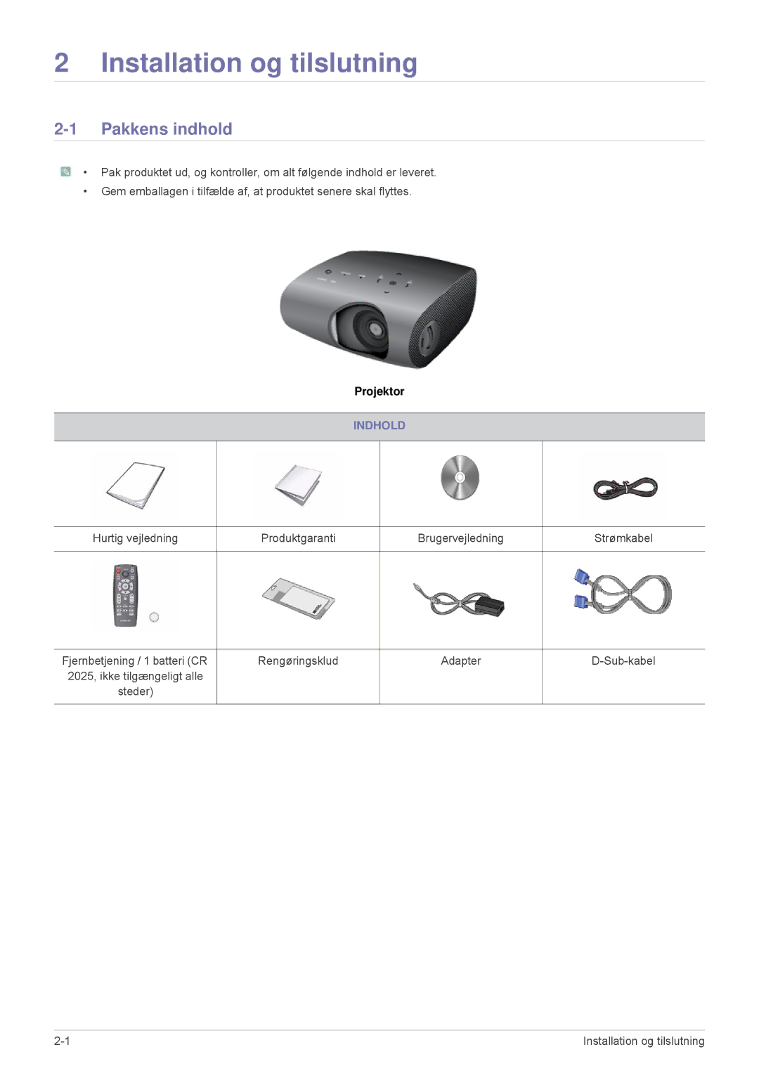 Samsung SPP410MEX/EN, SPP410MX/EN manual Installation og tilslutning, Pakkens indhold, Indhold 