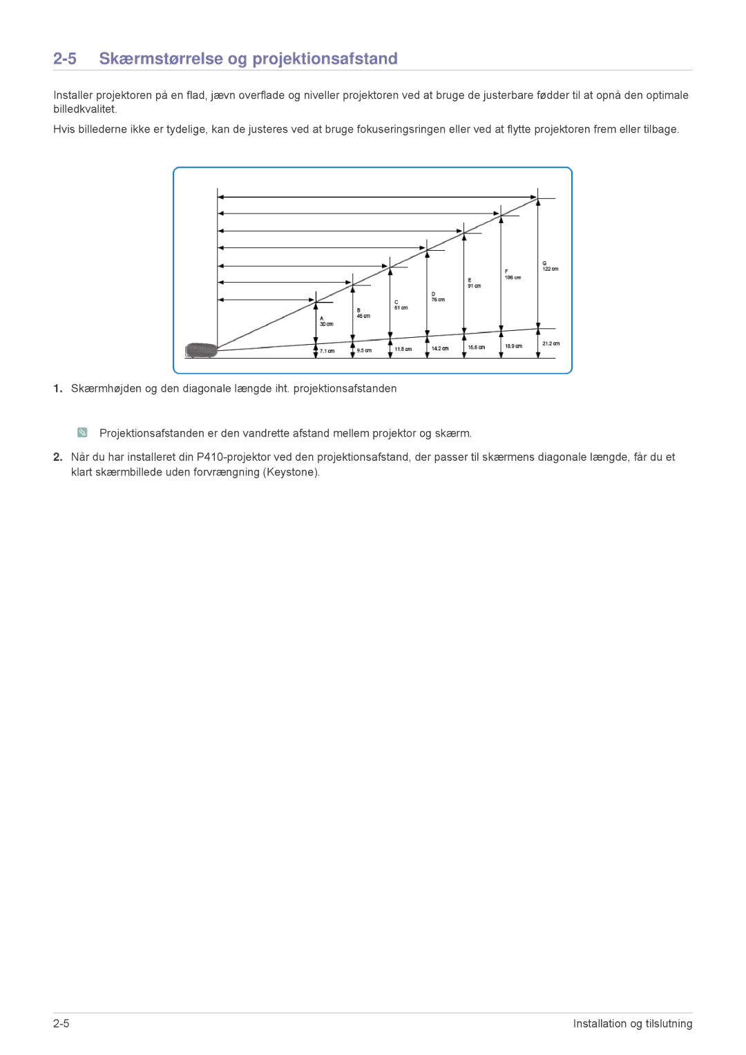 Samsung SPP410MEX/EN, SPP410MX/EN manual Skærmstørrelse og projektionsafstand 