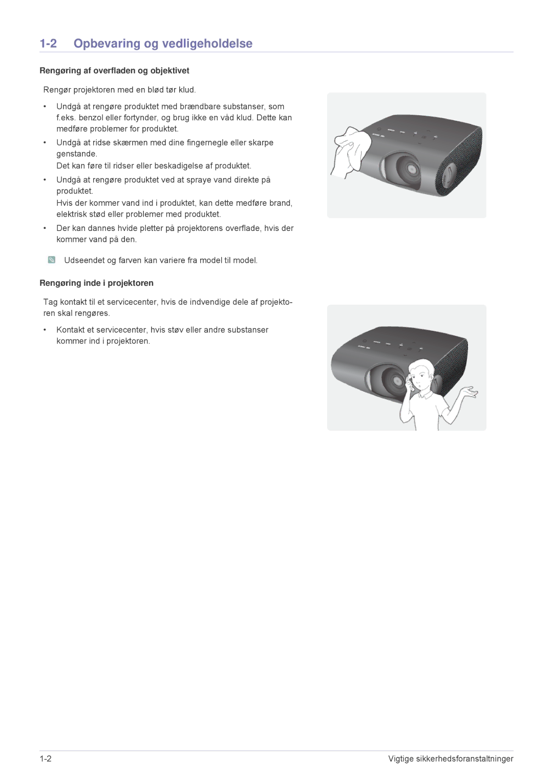 Samsung SPP410MEX/EN, SPP410MX/EN manual Opbevaring og vedligeholdelse, Rengøring af overfladen og objektivet 