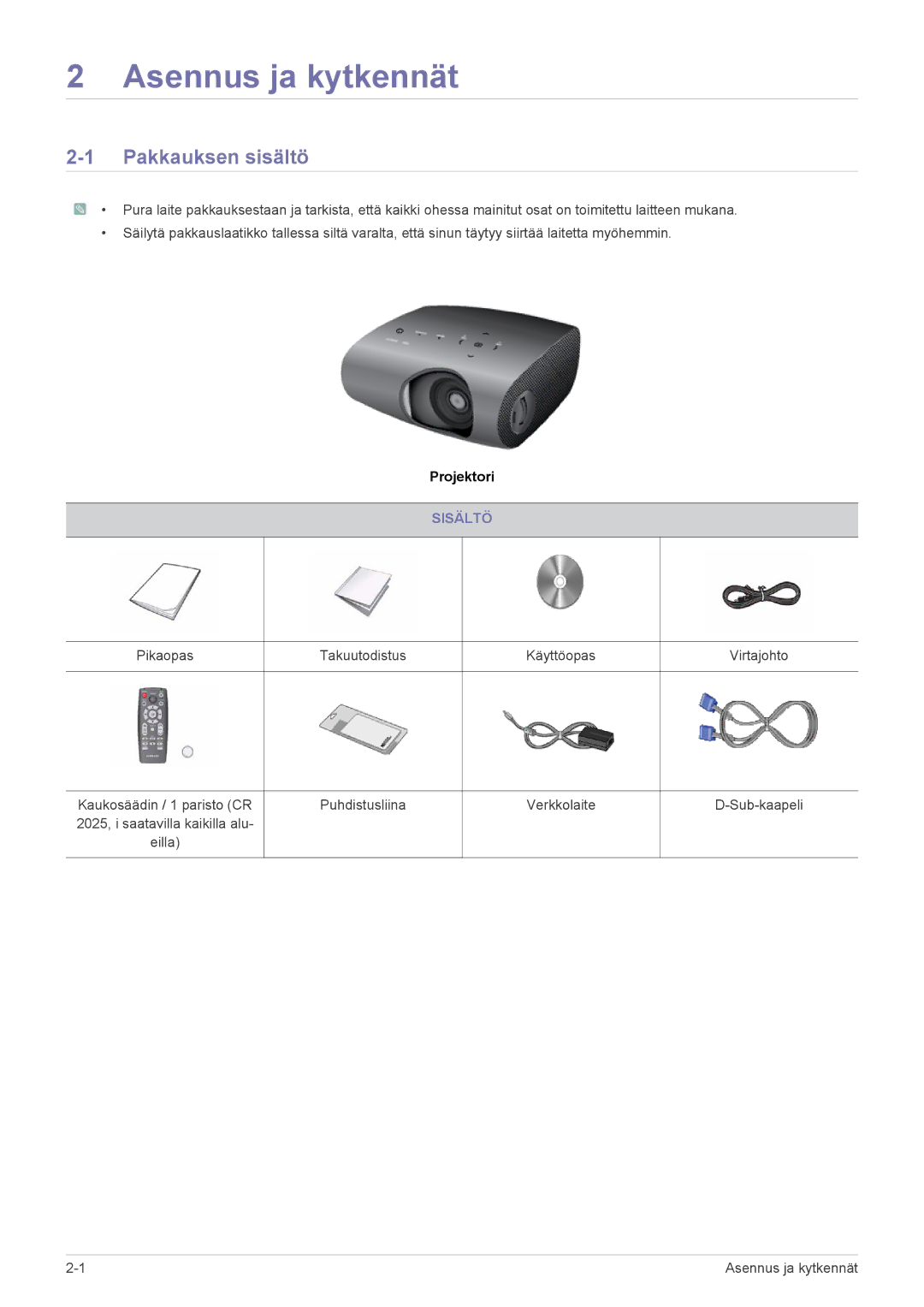 Samsung SPP410MEX/EN, SPP410MX/EN manual Asennus ja kytkennät, Pakkauksen sisältö, Sisältö 