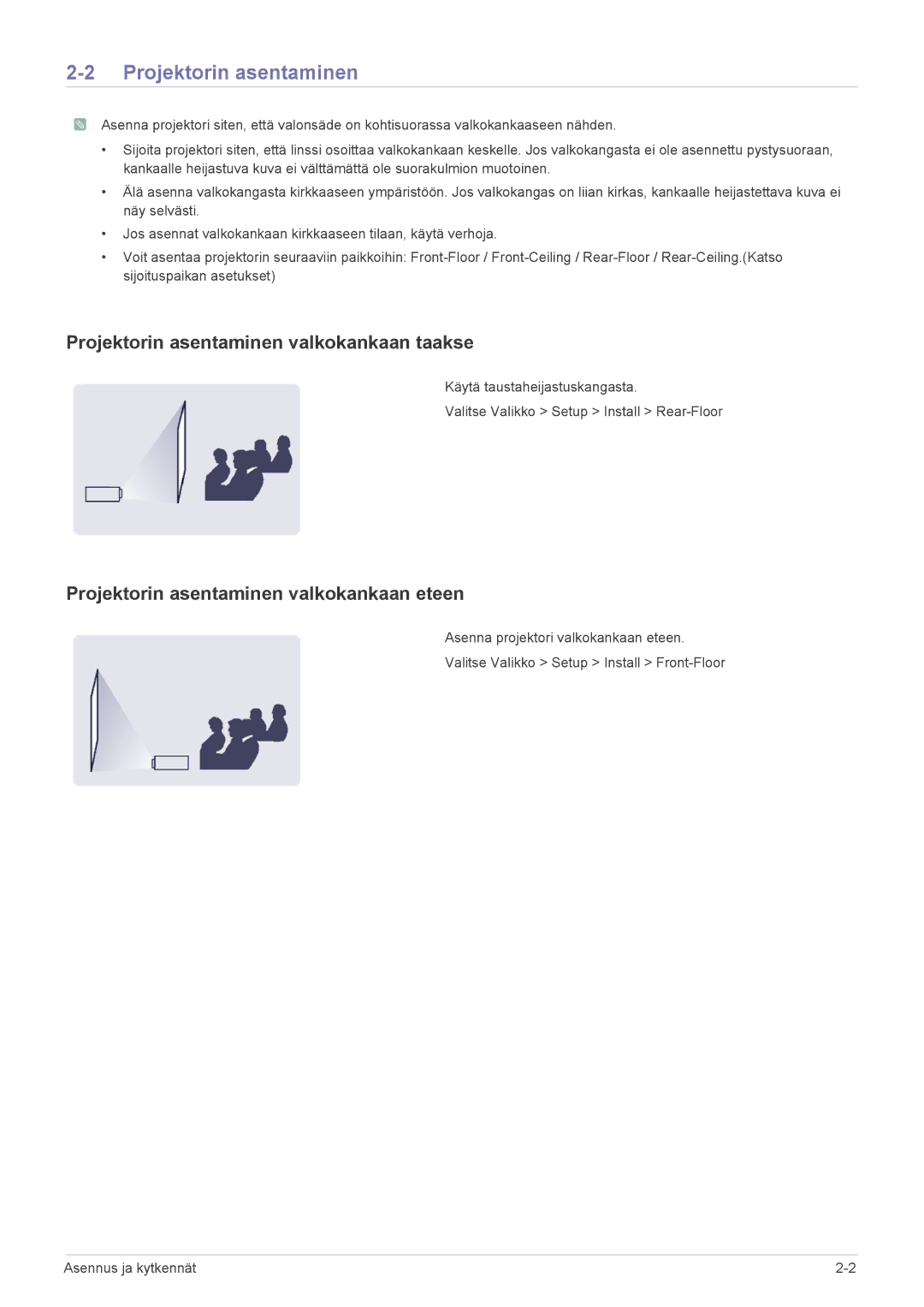 Samsung SPP410MX/EN manual Projektorin asentaminen valkokankaan taakse, Projektorin asentaminen valkokankaan eteen 