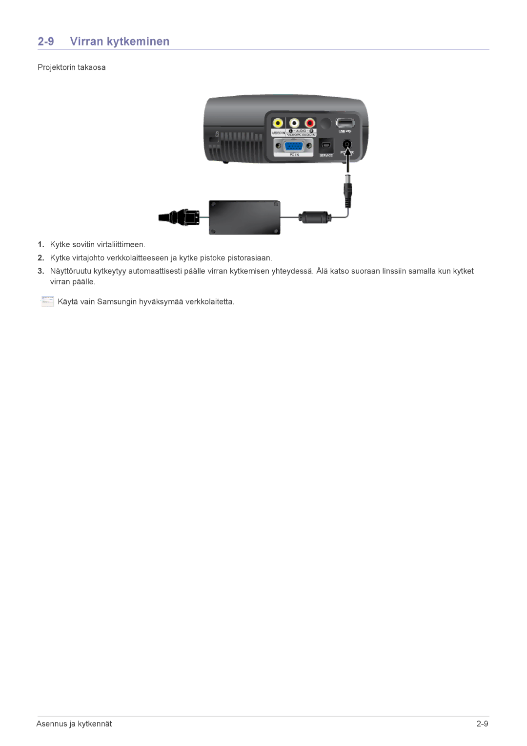 Samsung SPP410MX/EN, SPP410MEX/EN manual Virran kytkeminen 