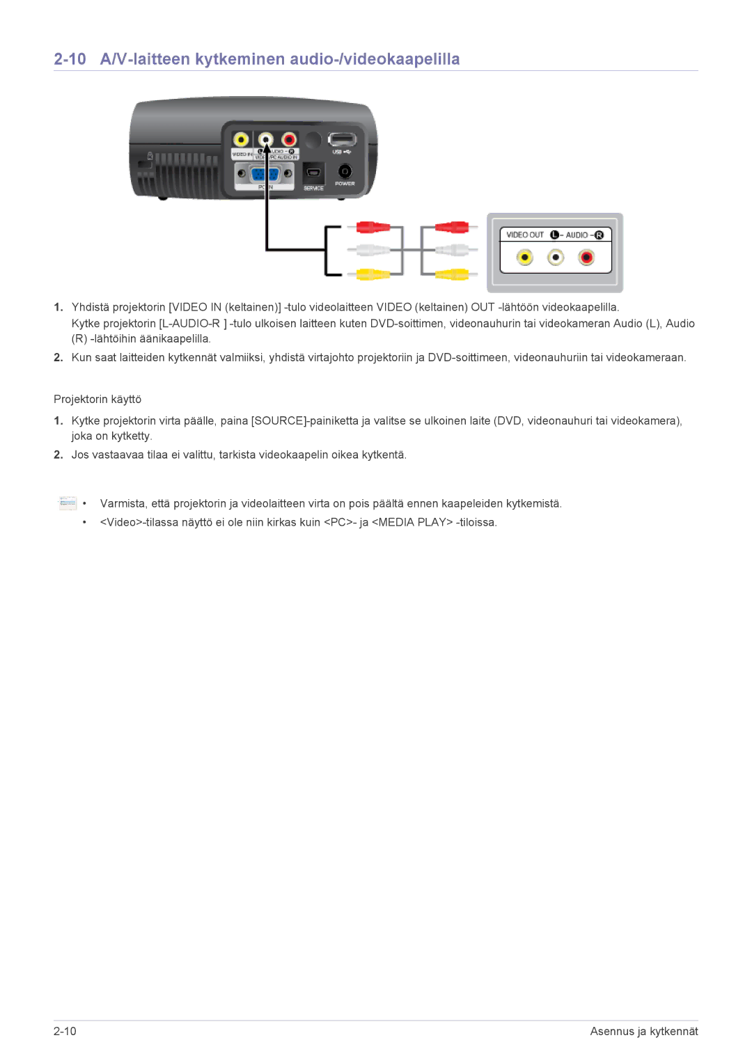 Samsung SPP410MEX/EN, SPP410MX/EN manual 10 A/V-laitteen kytkeminen audio-/videokaapelilla 