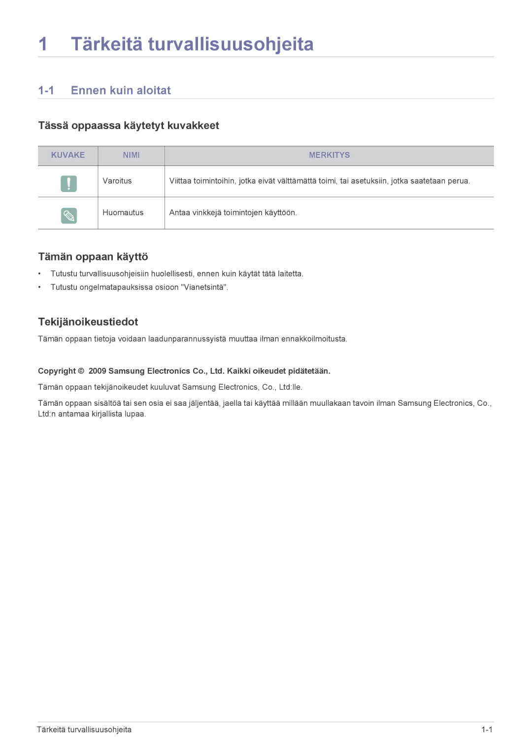 Samsung SPP410MX/EN, SPP410MEX/EN manual Tärkeitä turvallisuusohjeita, Ennen kuin aloitat, Tässä oppaassa käytetyt kuvakkeet 