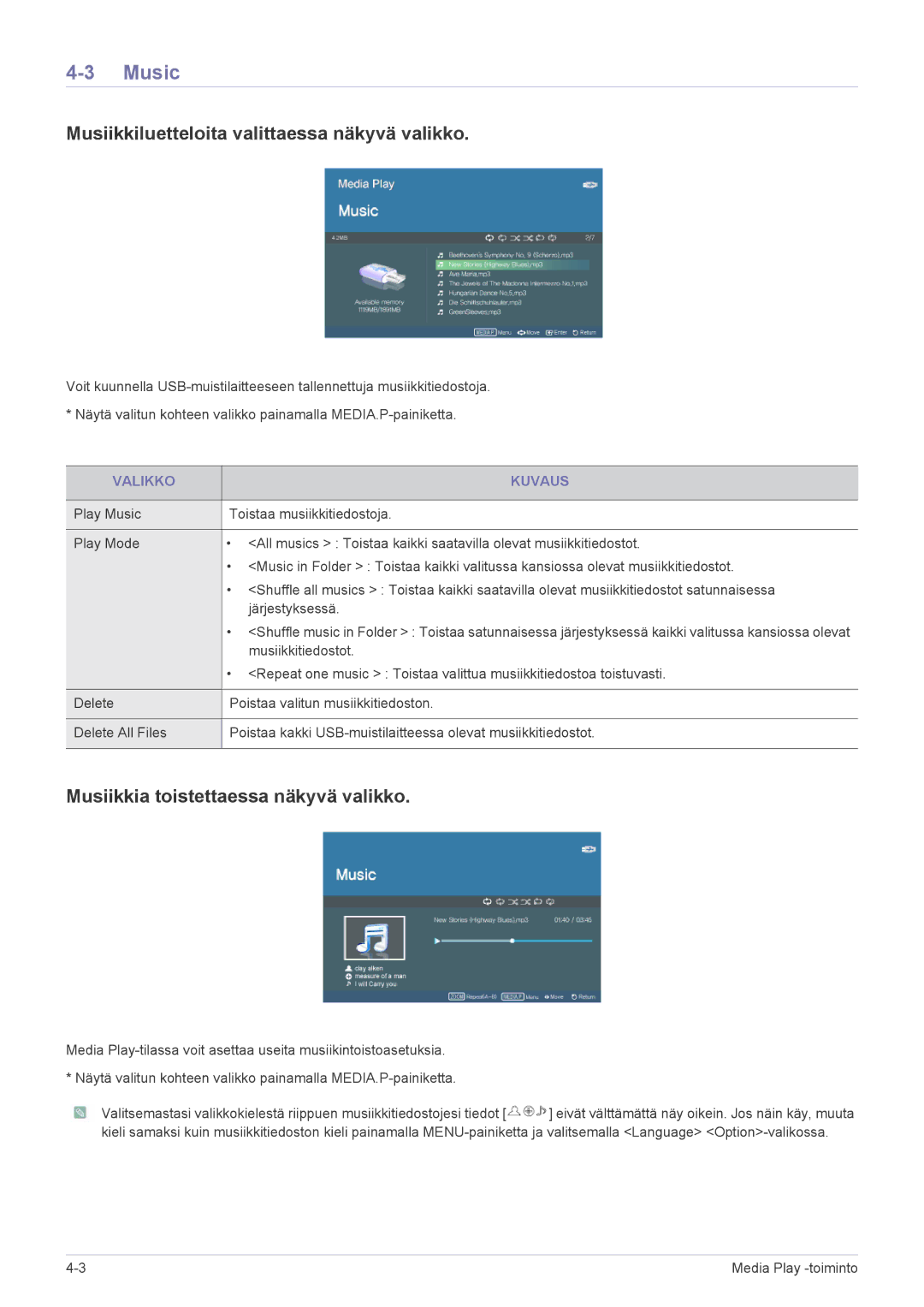 Samsung SPP410MEX/EN manual Music, Musiikkiluetteloita valittaessa näkyvä valikko, Musiikkia toistettaessa näkyvä valikko 