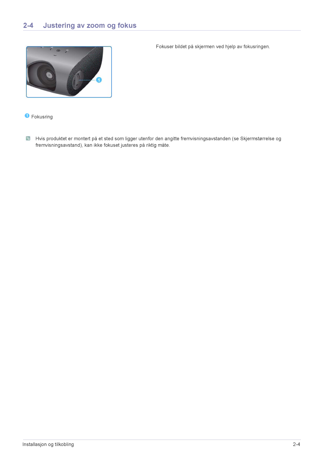 Samsung SPP410MX/EN, SPP410MEX/EN manual Justering av zoom og fokus 